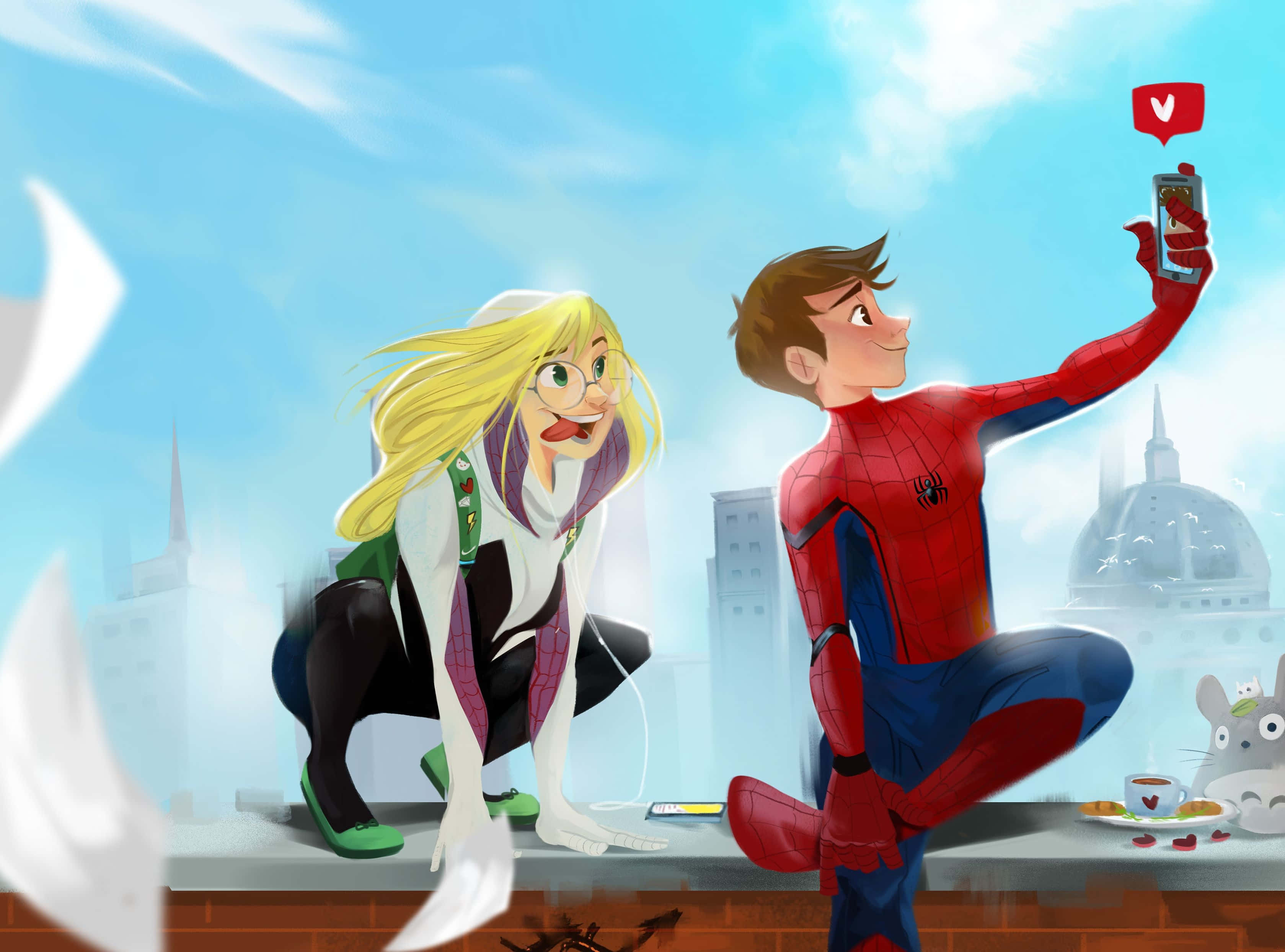 Gwen Stacy 桌布 壁紙 — 蜘蛛人與關·史黛西在天台上自拍，而龍貓在明亮的城市景觀中在附近觀看。