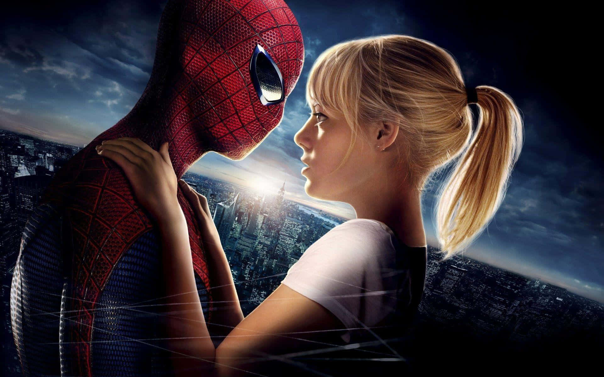 Gwen Stacy 桌布 壁紙 — 蜘蛛人與關·史黛西在日落時分於廣闊的城市景觀上空分享親密時刻。