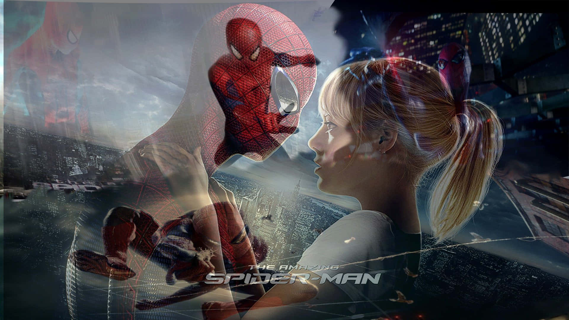 Gwen Stacy 桌布 壁紙 — 蜘蛛人與關·史黛西在雨中的城市景觀上分享親密時刻，周圍有發光的摩天大樓和蜘蛛網線。