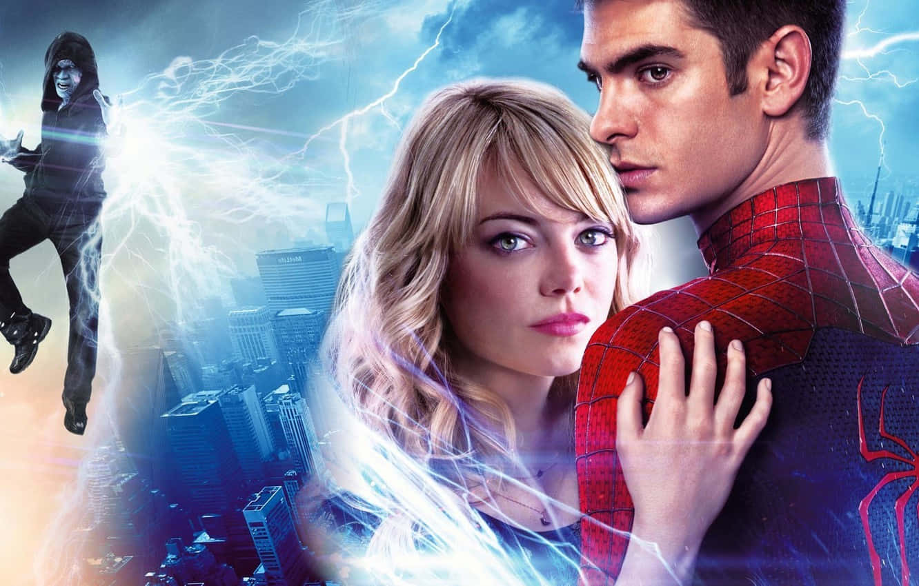 Gwen Stacy 桌布 壁紙 — 蜘蛛人與關·史黛西在風暴中的城市景觀中並肩而立，電光人在背景中放電。