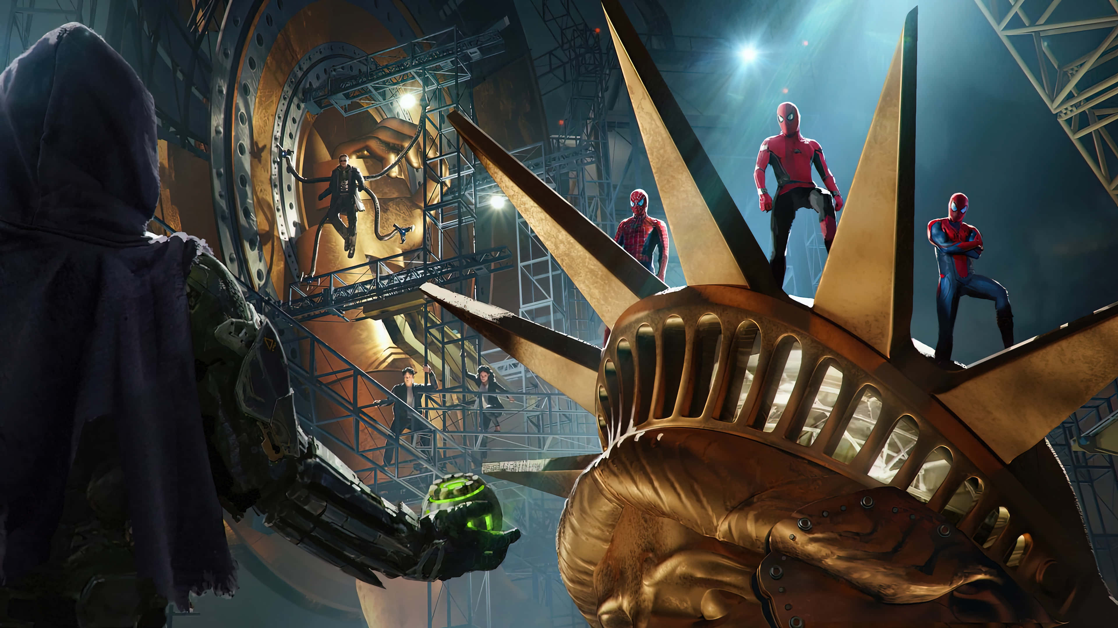 Spider Man No Way Home 桌布 壁紙 — 蜘蛛人英雄們站在金色的自由女神像頭頂上，在戲劇性的舞台燈光下，一個披著斗篷、戴著發光綠色手套的身影在前景中若隱若現。