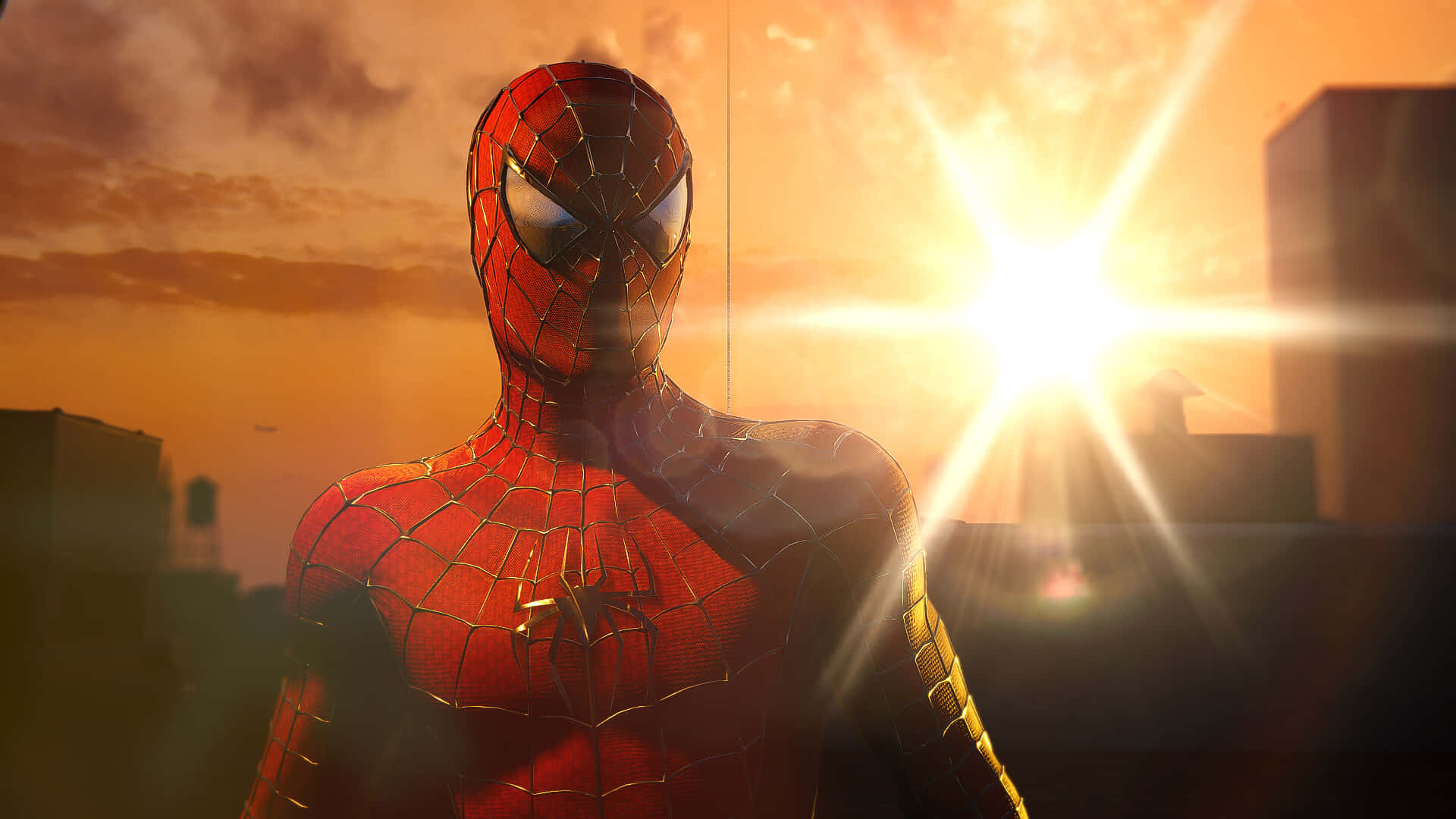 Ultimate Spider-man 桌布 壁紙 — 蜘蛛人英雄式地站在城市天際線上，背景是耀眼的日落和放射狀陽光效果。