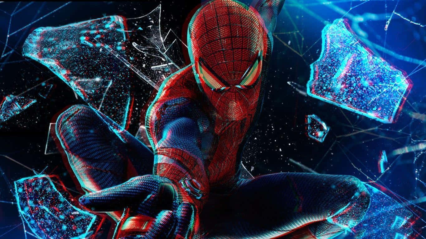 Spider Man 2 桌布 壁紙 — 蜘蛛人衝破碎裂的玻璃，發光的藍色碎片在他周圍飛舞，構成一個動態的數位藝術場景。