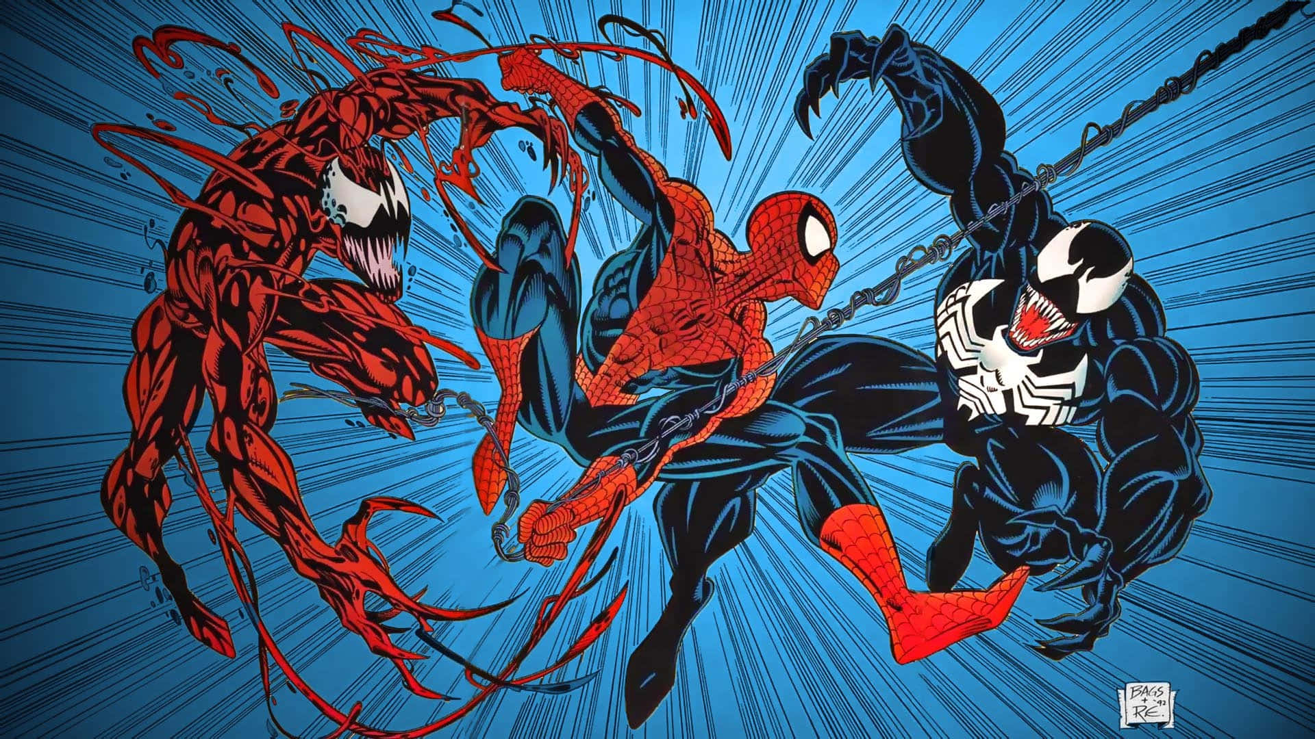Maximum Carnage 桌布 壁紙 — 蜘蛛人被兩個共生體，屠殺和猛毒夾在中間，進行一場動態的漫畫風格戰鬥。