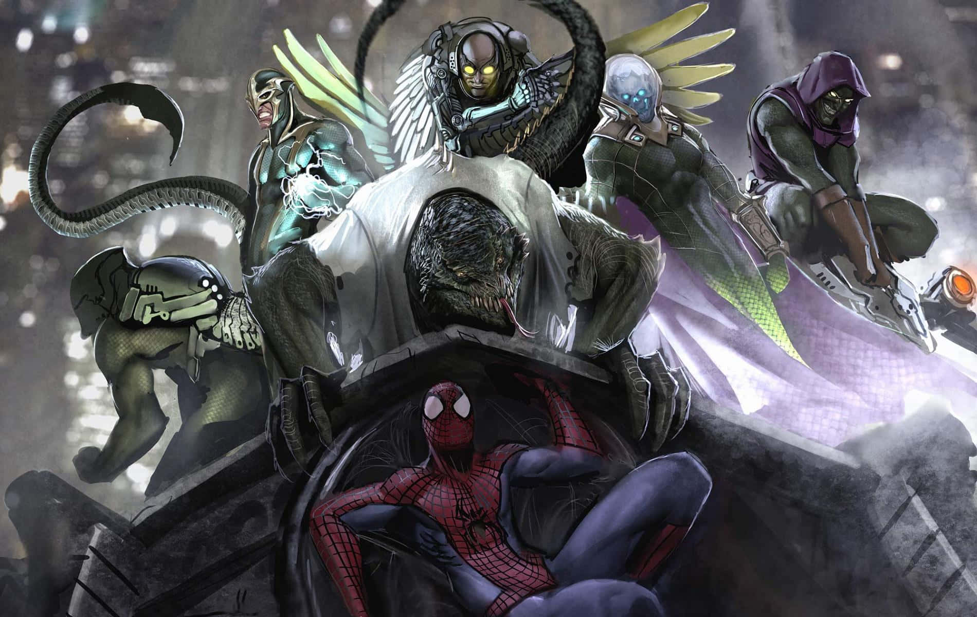 Sinister Six 桌布 壁紙 — 蜘蛛人被包括猛毒和八爪博士在內的威脅性反派包圍在黑暗的城市戰鬥場景中。