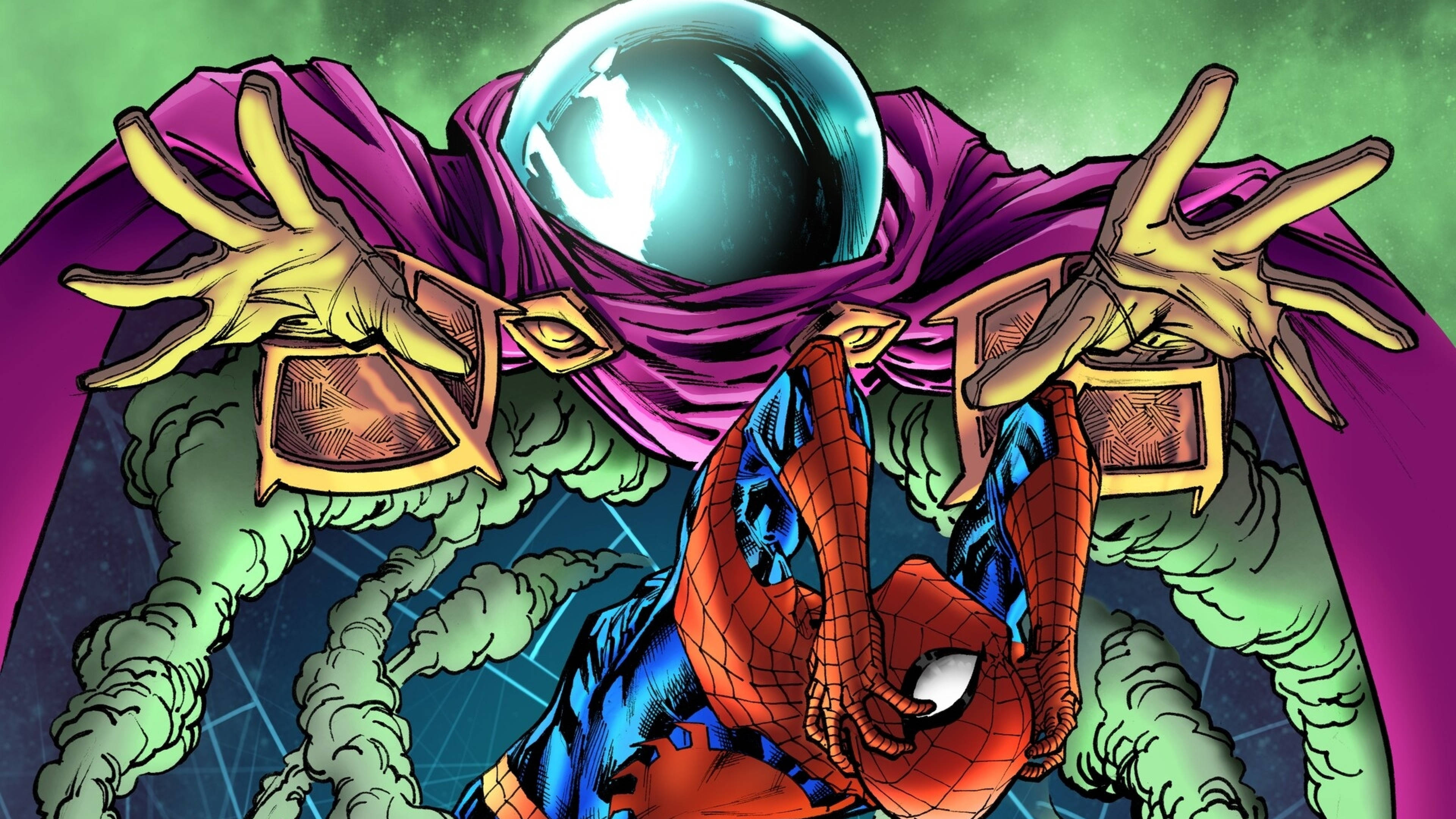 Mysterio 桌布 壁紙 — 蜘蛛人被困在綠色煙霧網中，下方是身穿紫色長袍、手持發光球體的奇異博士，氣勢逼人。