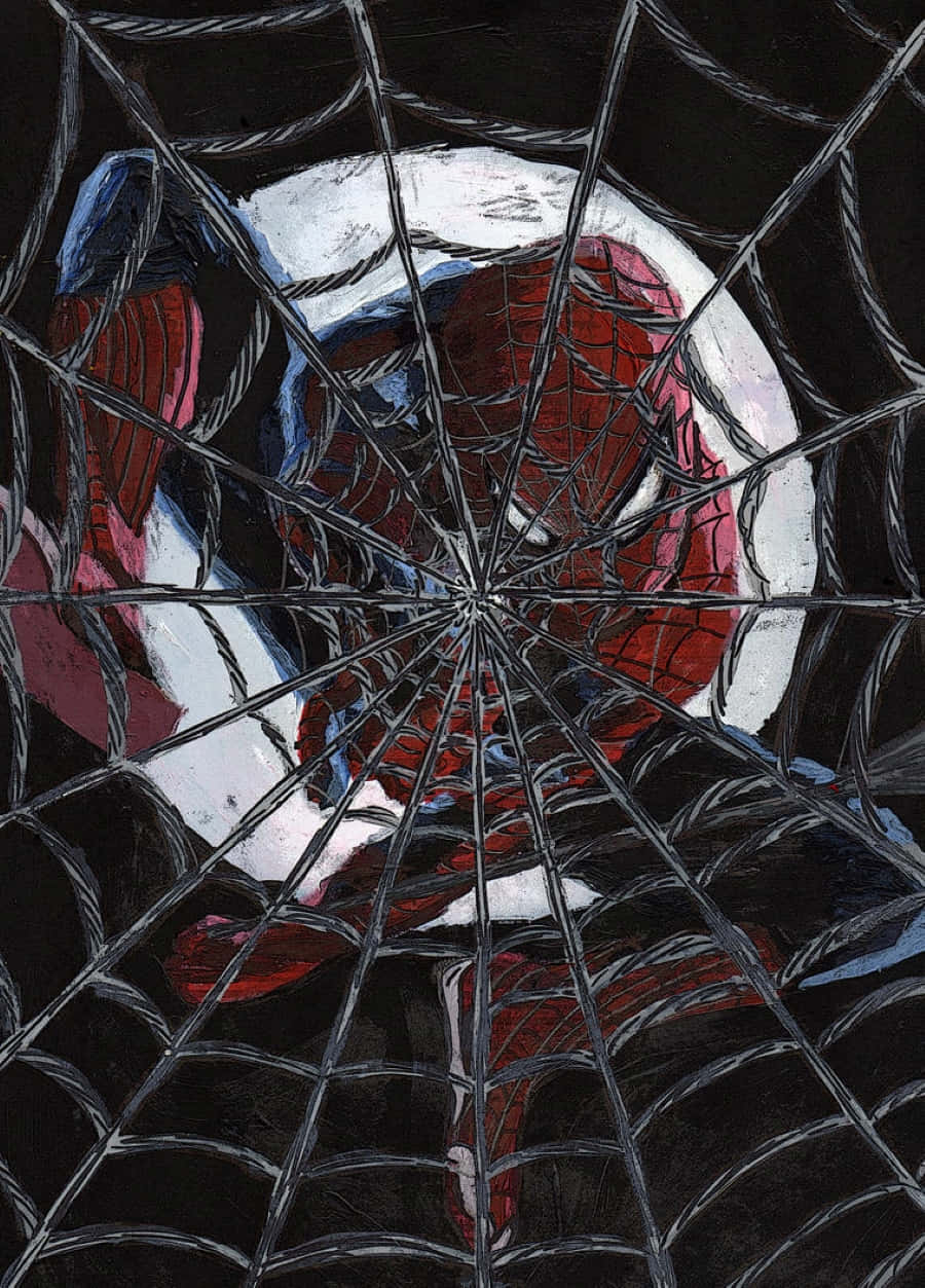 Friendly Neighborhood Spider-man 桌布 壁紙 — 蜘蛛人被纏繞在密集的蜘蛛網中，背景為深色，帶有鮮明的紅、藍、白色。