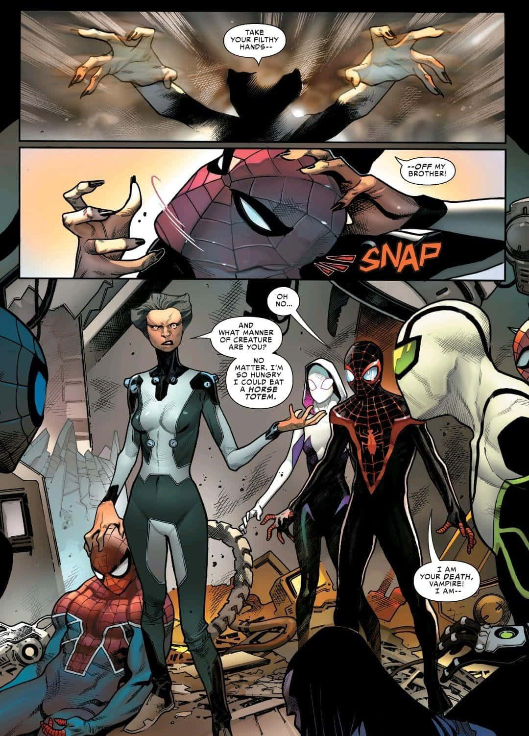 Spider-geddon 桌布 壁紙 — 蜘蛛人角色在漫畫格中與吸血鬼反派在廢墟城市環境中衝突。