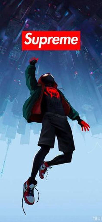 superhero supreme 桌布 壁紙 — 蜘蛛人角色跳過霓虹燈照亮的城市景觀，上方漂浮著一個紅色的Supreme標誌。