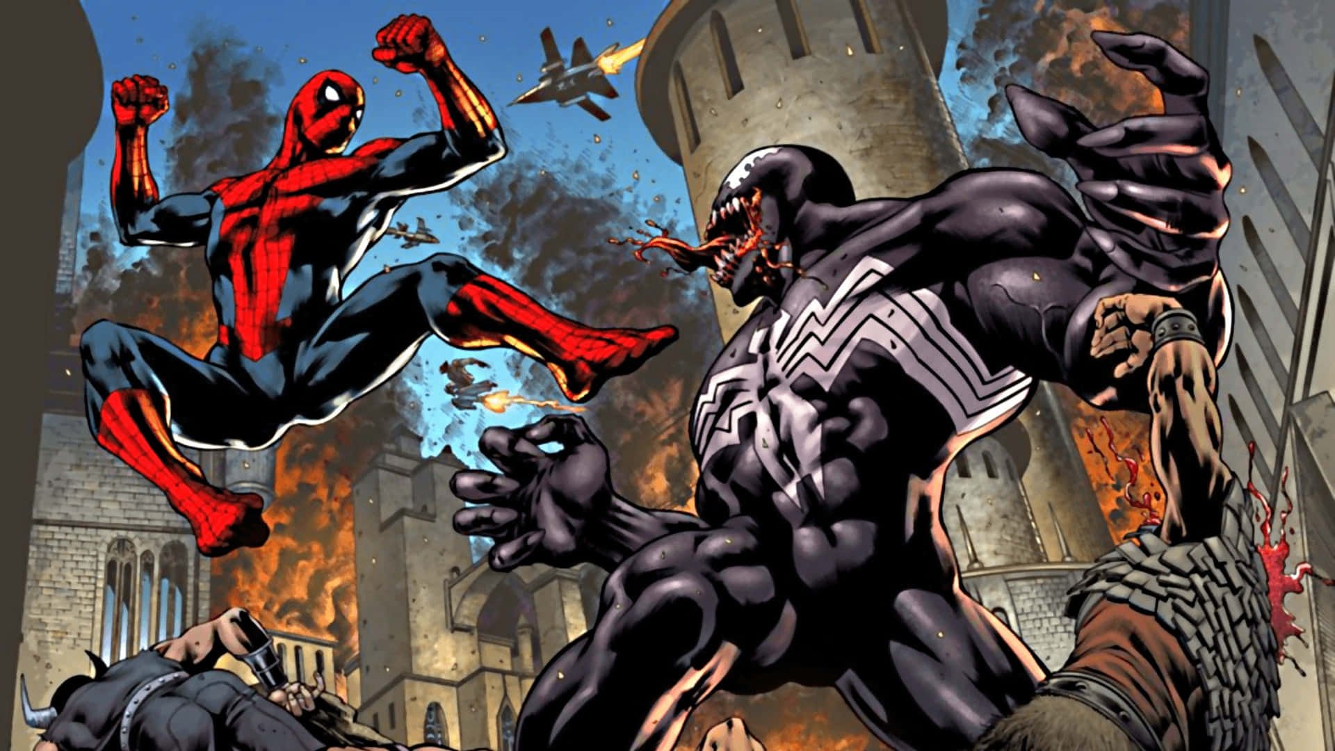 Venom Comic Book 桌布 壁紙 — 蜘蛛人跳入與猛毒的戰鬥，周圍是熾熱的爆炸和崩塌的石塔。