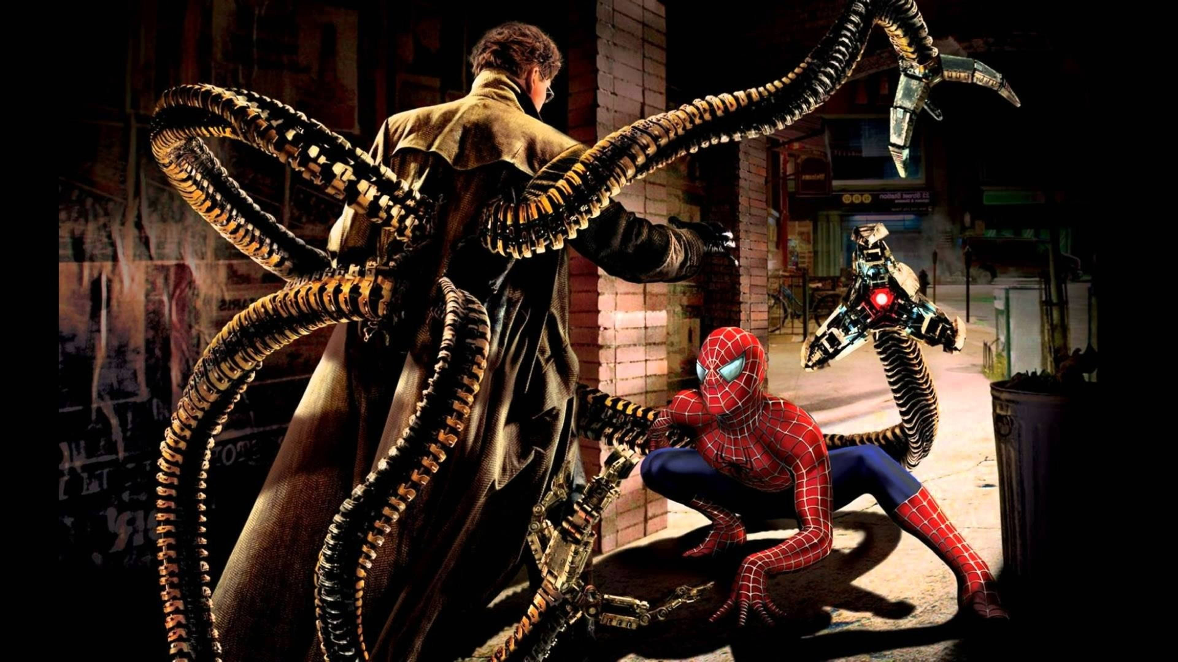 Doctor Octopus 桌布 壁紙 — 蜘蛛人蹲下準備出擊，而八爪博士帶著機械觸手在陰暗的城市小巷中逼近。