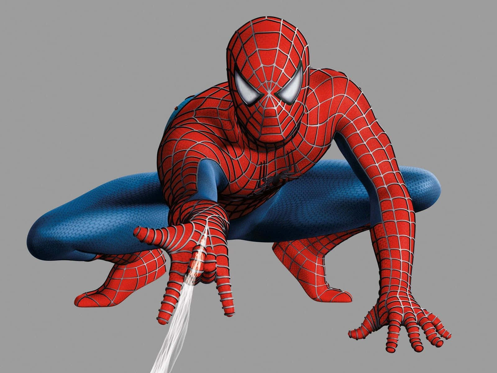Spider-man Web Shooter 桌布 壁紙 — 蜘蛛人蹲下準備從右手射出蛛網，背景為純灰色。