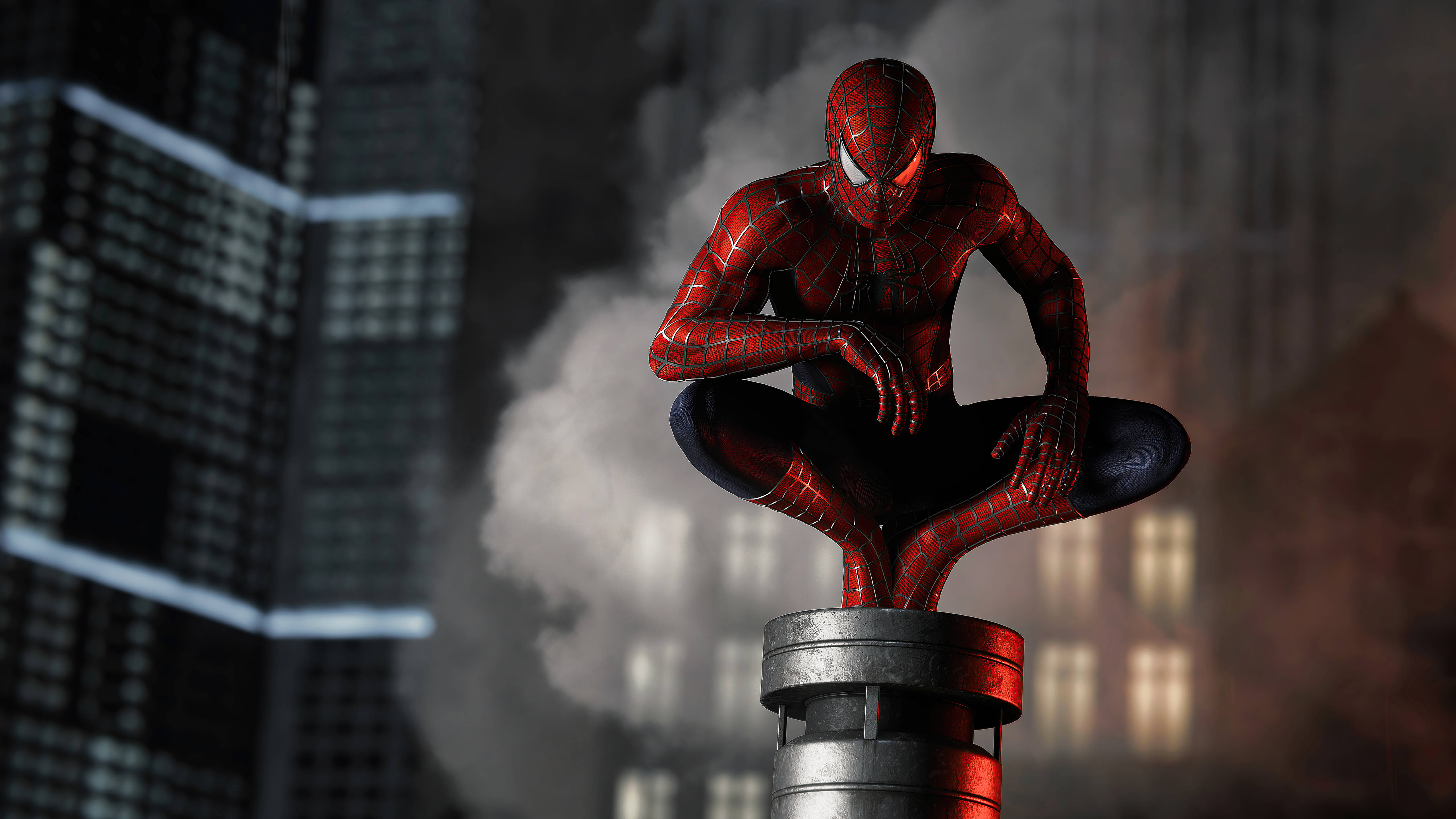 Spider Man 桌布 壁紙 — 蜘蛛人蹲在一個冒煙的屋頂通風口上，背景是黑暗的城市天際線和發光的窗戶。