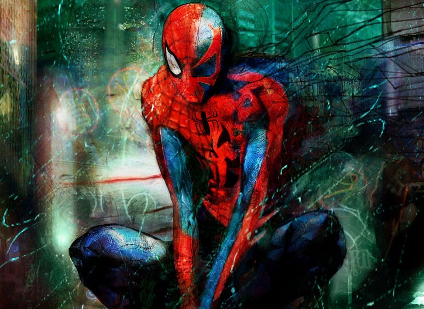 Spider Man 2099 桌布 壁紙 — 蜘蛛人蹲在一個骯髒的城市小巷中，塗鴉和霓虹燈投射出戲劇性的陰影。