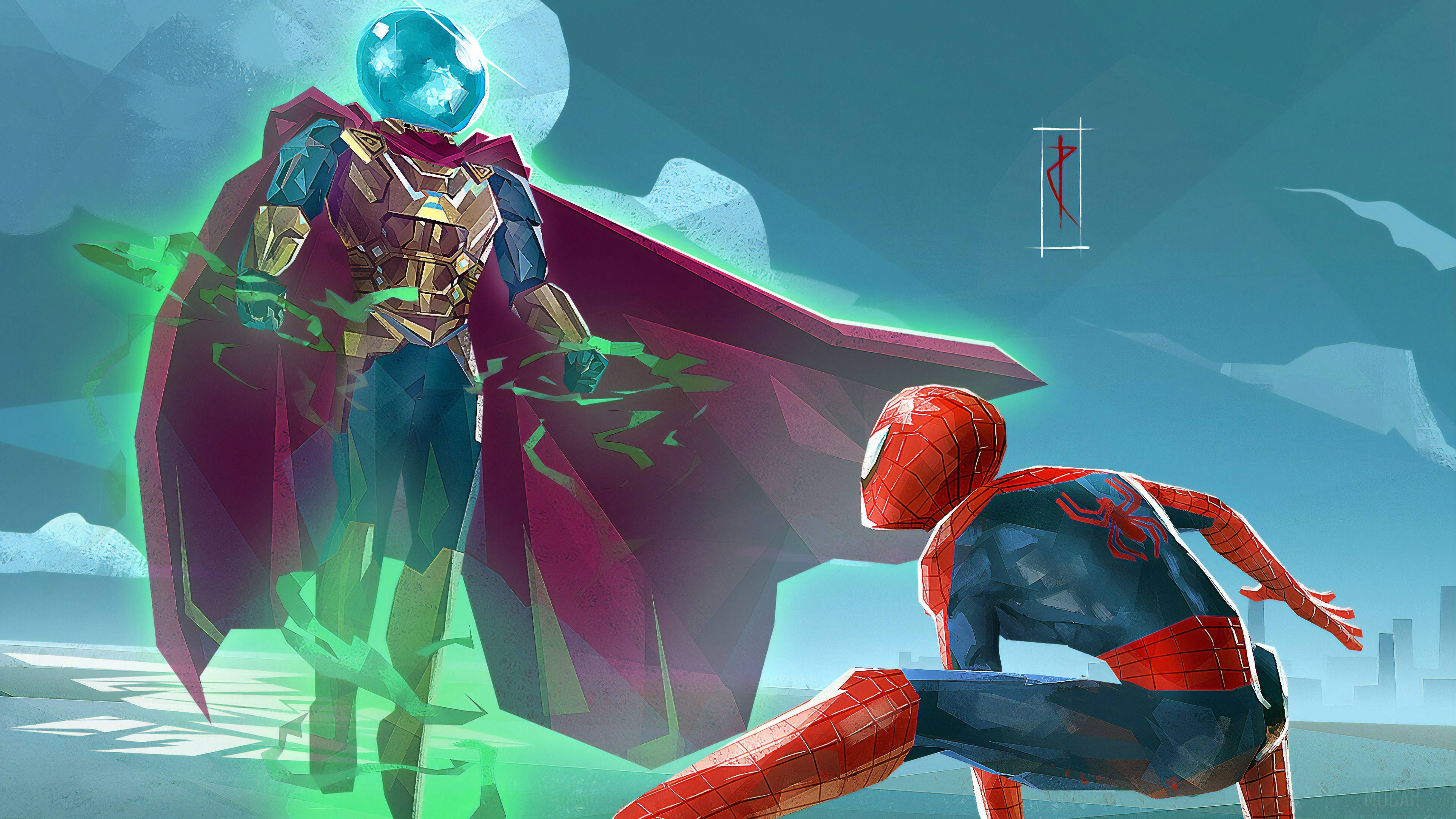 Mysterio 桌布 壁紙 — 蜘蛛人蹲在一個高大的宇宙反派面前，他有個發光藍色頭和綠色能量光環。