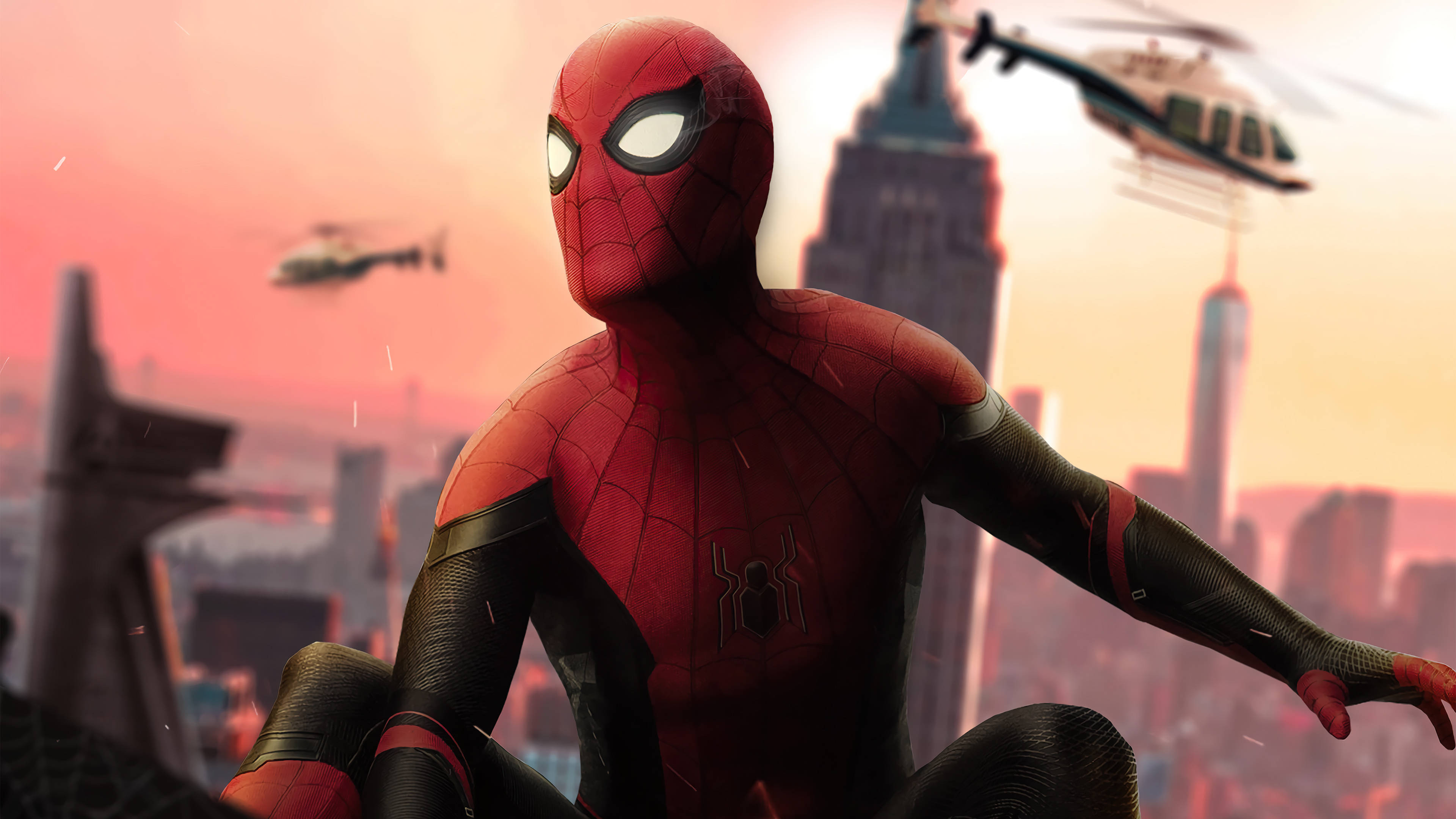 Spiderman No Way Home 4K 桌布 壁紙 — 蜘蛛人蹲在屋頂上，背景是朦朧的日落城市景觀，直升機在頭頂飛過。