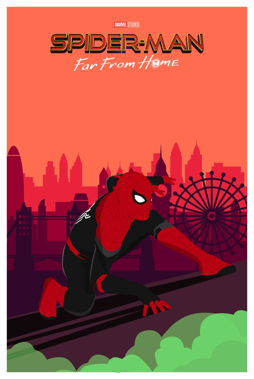 Spider Man Far From Home 桌布 壁紙 — 蜘蛛人蹲在屋頂上，背景是風格化的紅色倫敦天際線，包括倫敦眼和塔橋。