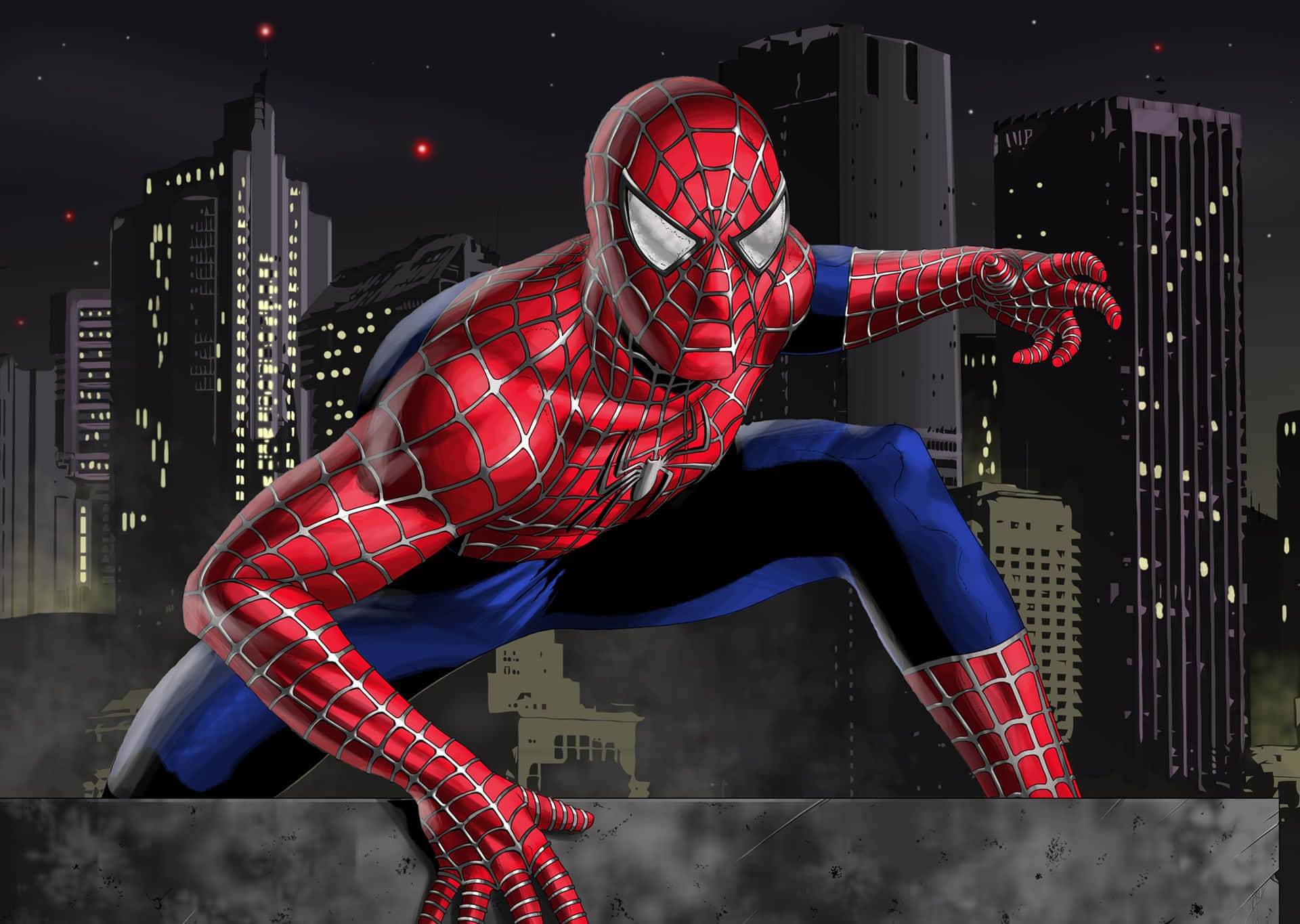 Spider Man 3 桌布 壁紙 — 蜘蛛人蹲在屋頂上，背景是黑暗的城市天際線，有發光的窗戶和星星。