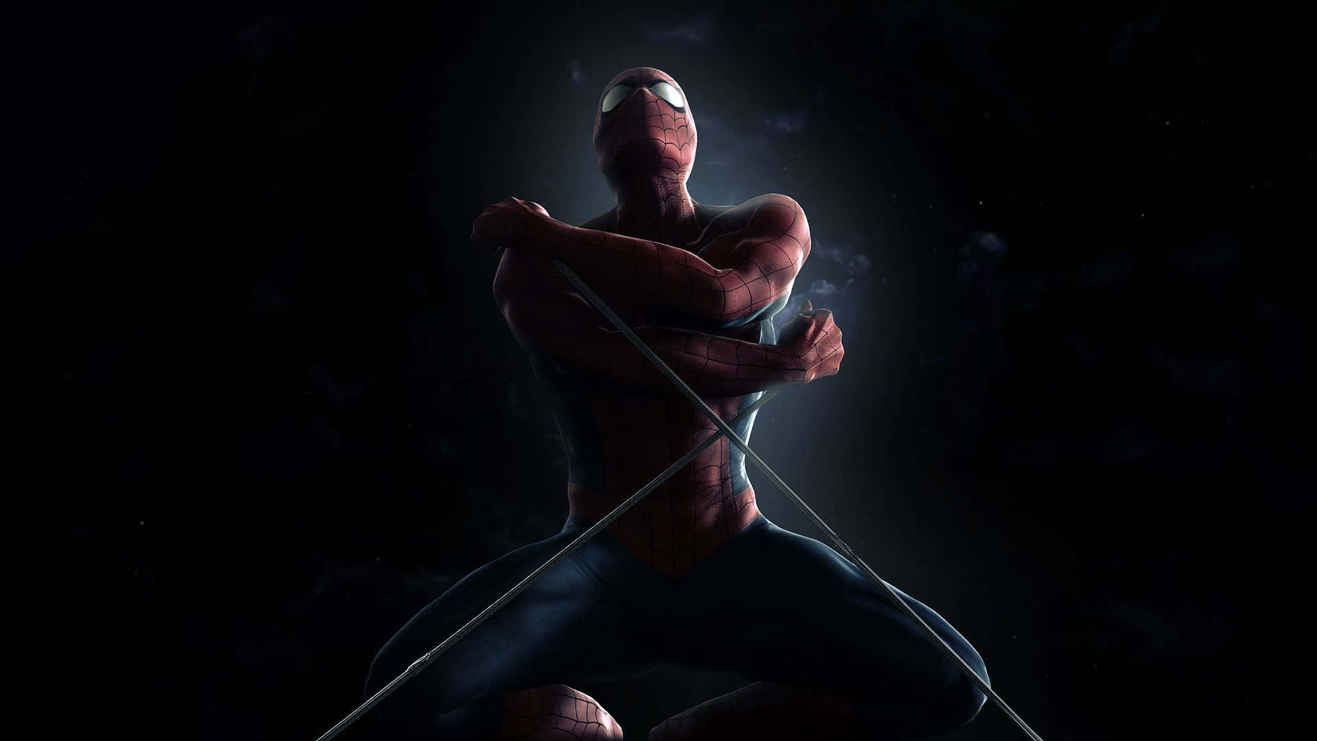Best Spider Man 桌布 壁紙 — 蜘蛛人蹲在黑暗的宇宙虛空中，被聚光燈照亮，突顯他的紅藍戰衣。