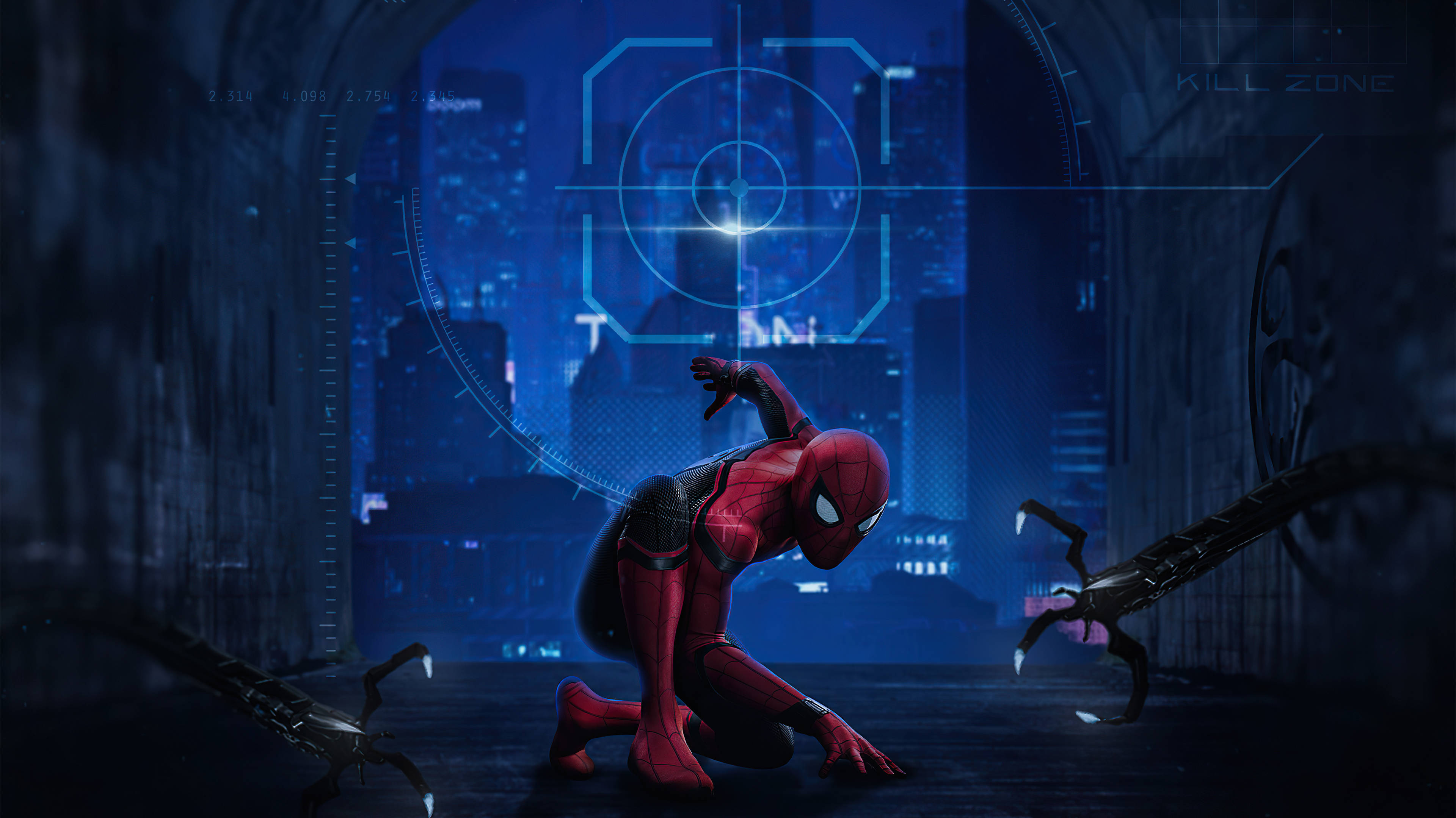 Spiderman No Way Home 4K 桌布 壁紙 — 蜘蛛人蹲在黑暗隧道中，全息瞄準十字線鎖定他，背景是發光的城市天際線。