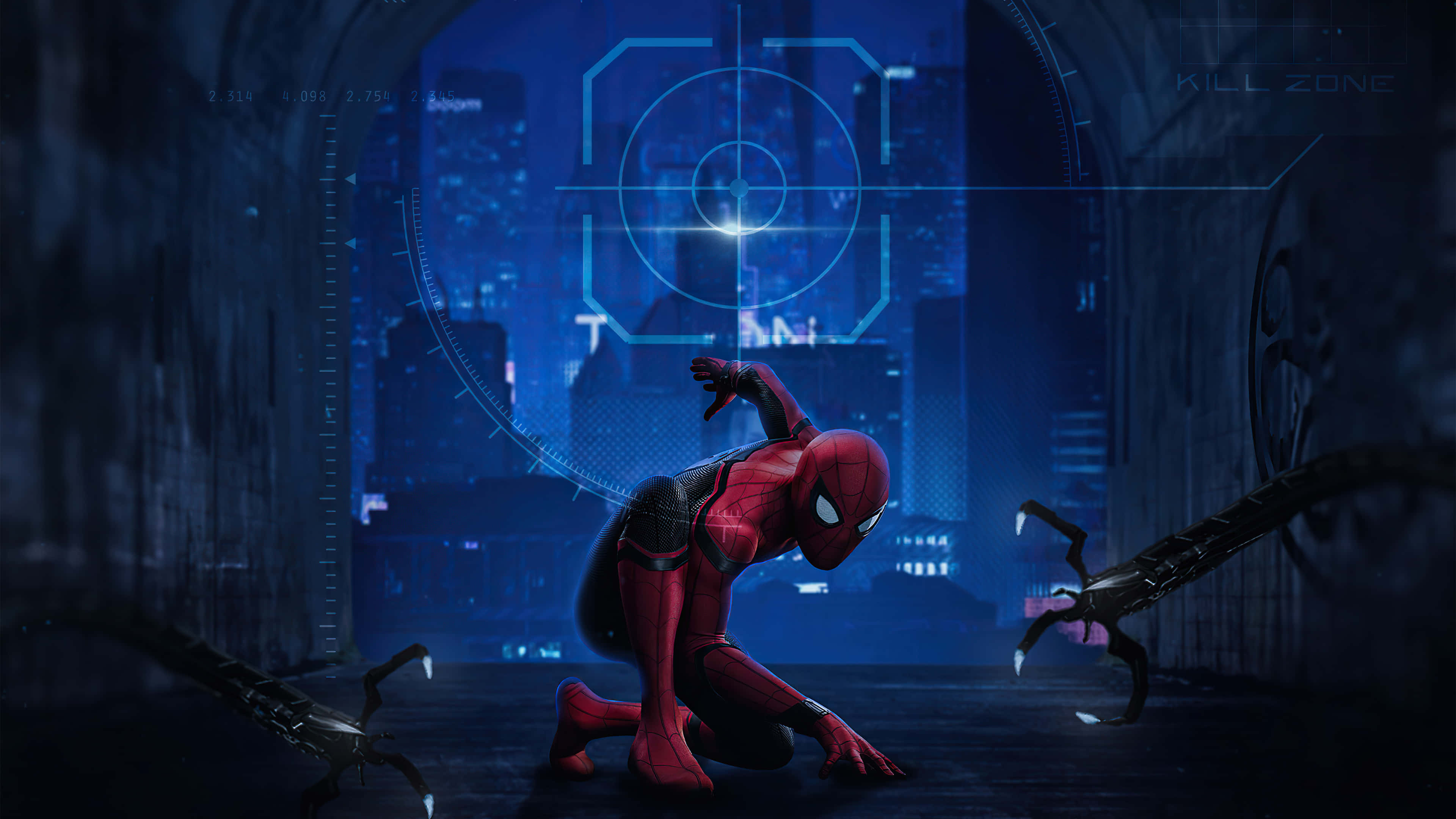 Mcu 桌布 壁紙 — 蜘蛛人蹲在黑暗隧道中，全息瞄準十字線在他身後的城市景觀上發光。
