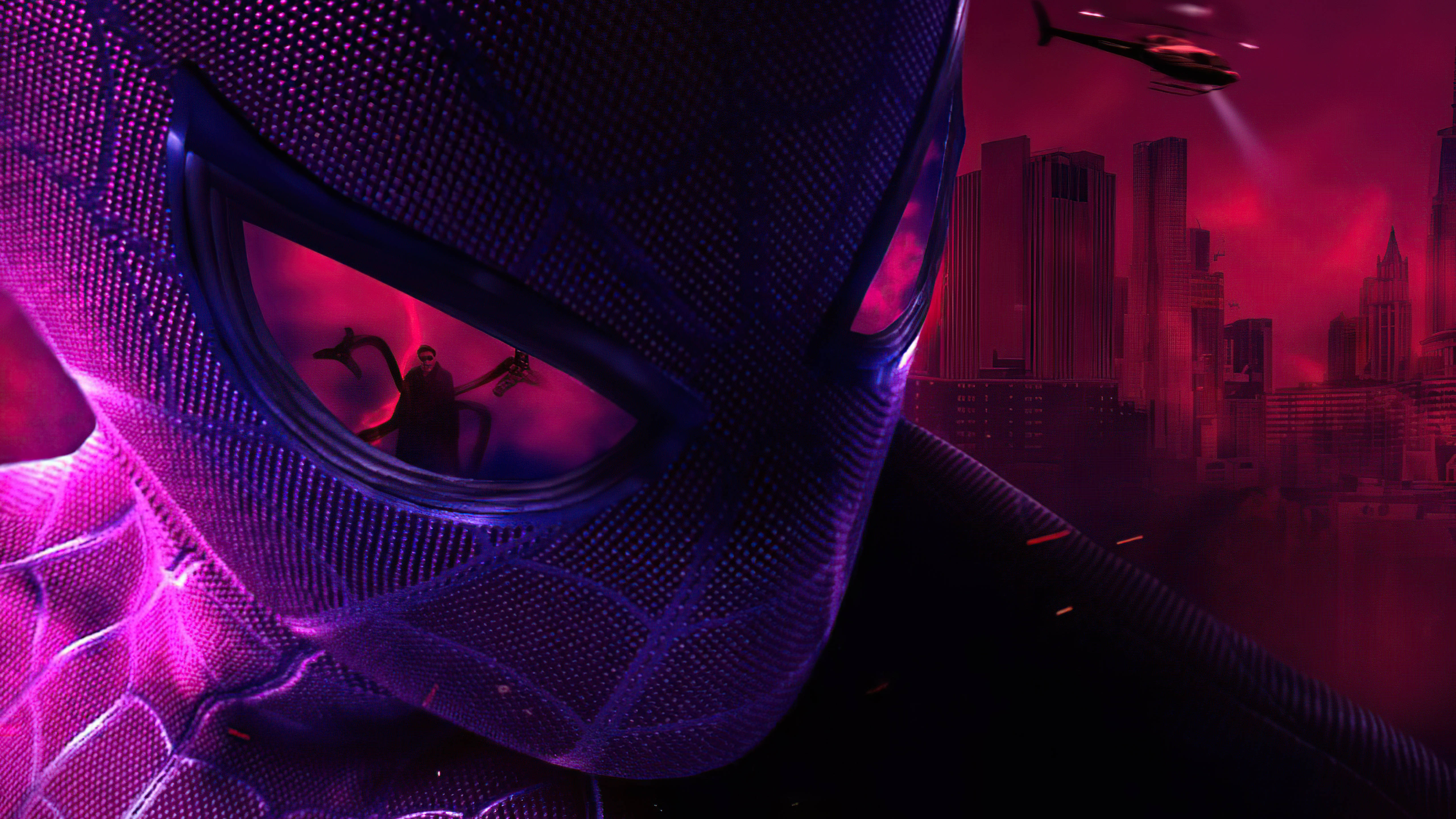 Spider Man No Way Home 桌布 壁紙 — 蜘蛛人面具的特寫，在黃昏時分映照出反派，背景是深紅色的城市天際線。