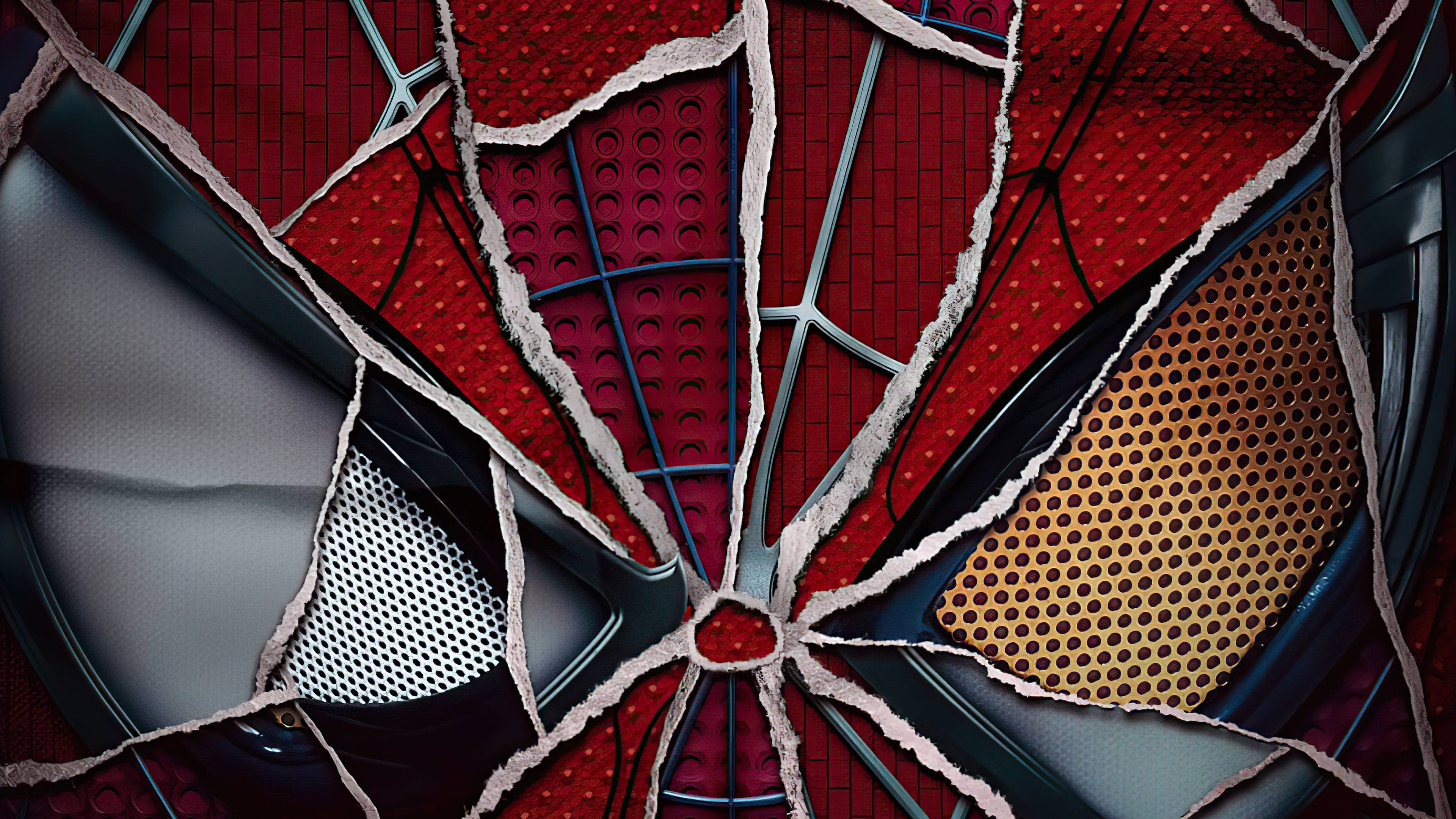 Spider Man No Way Home 桌布 壁紙 — 蜘蛛人面具的特寫，裂紋紋理下方顯露出層疊的紅色、金色和銀色金屬圖案。