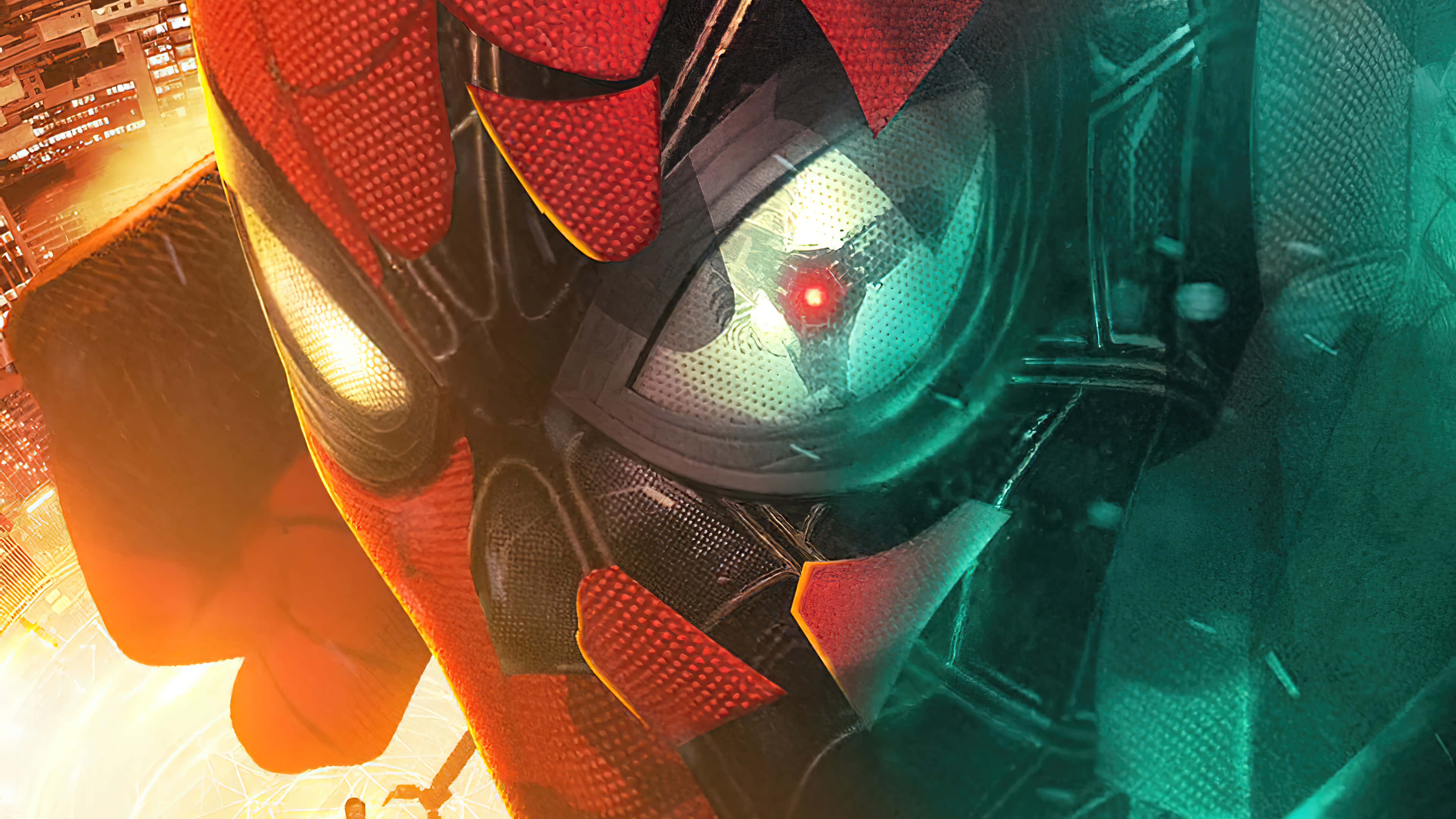 Spider Man No Way Home 桌布 壁紙 — 蜘蛛人頭盔的特寫，帶有發光的紅色眼睛，背景是夜晚充滿活力的城市景觀。