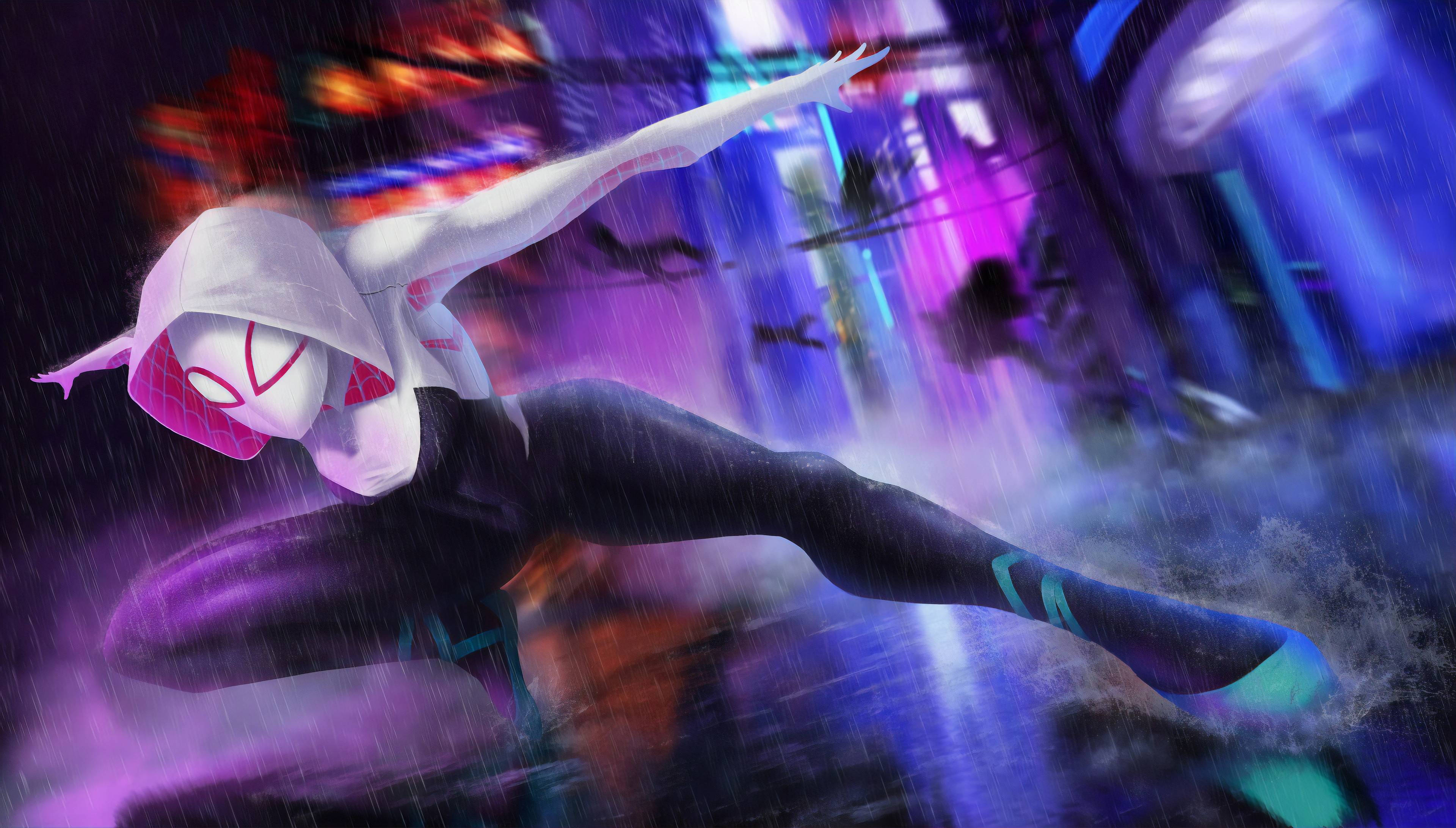 Spider Gwen 桌布 壁紙 — 蜘蛛格溫在霓虹燈雨中跳躍，動態的城市夜景，帶有動態模糊和發光的燈光。