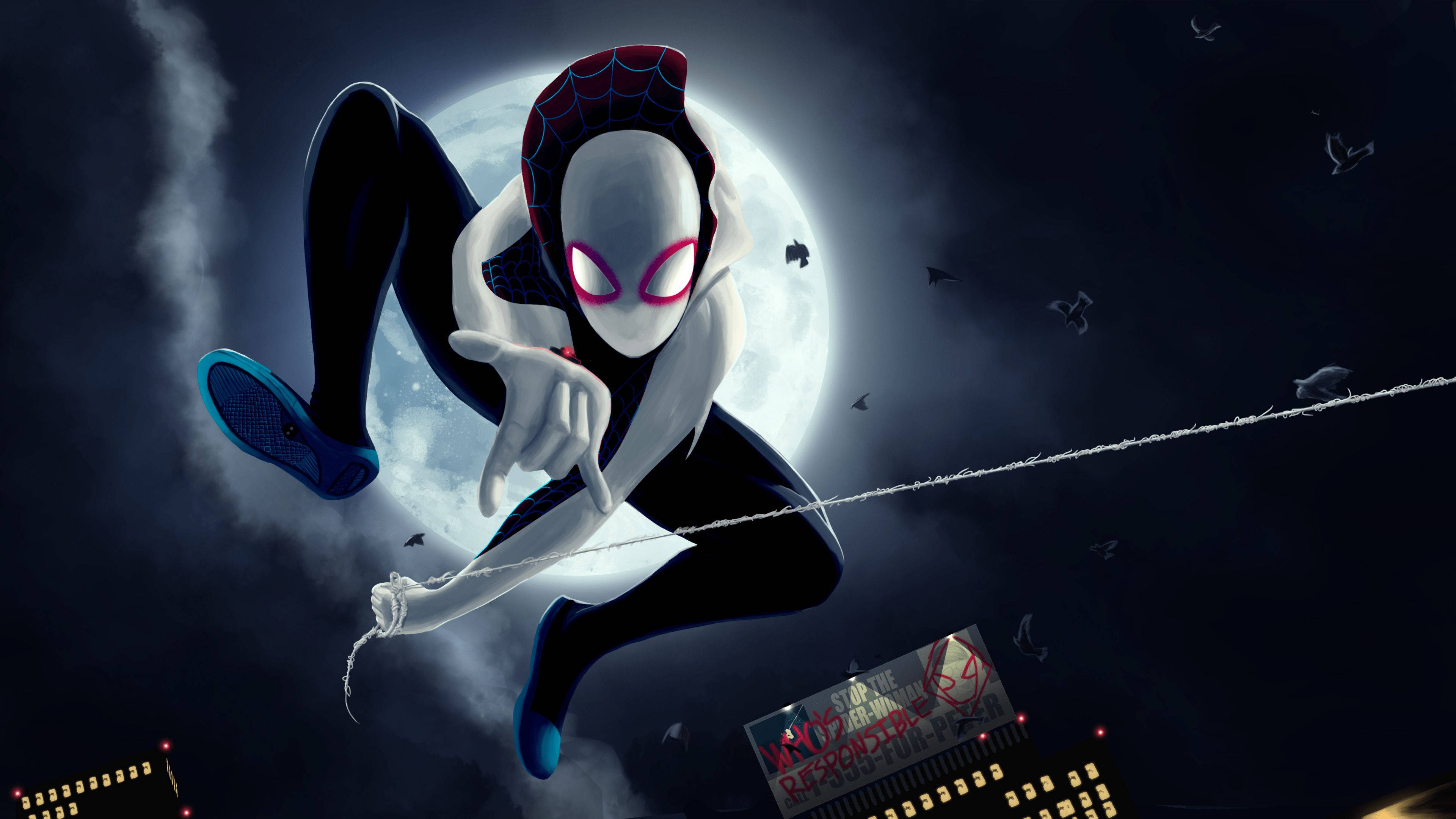 Into The Spider Verse 桌布 壁紙 — 蜘蛛關在滿月背景下動態擺盪，發光的粉紅色眼睛和下方的城市燈光。