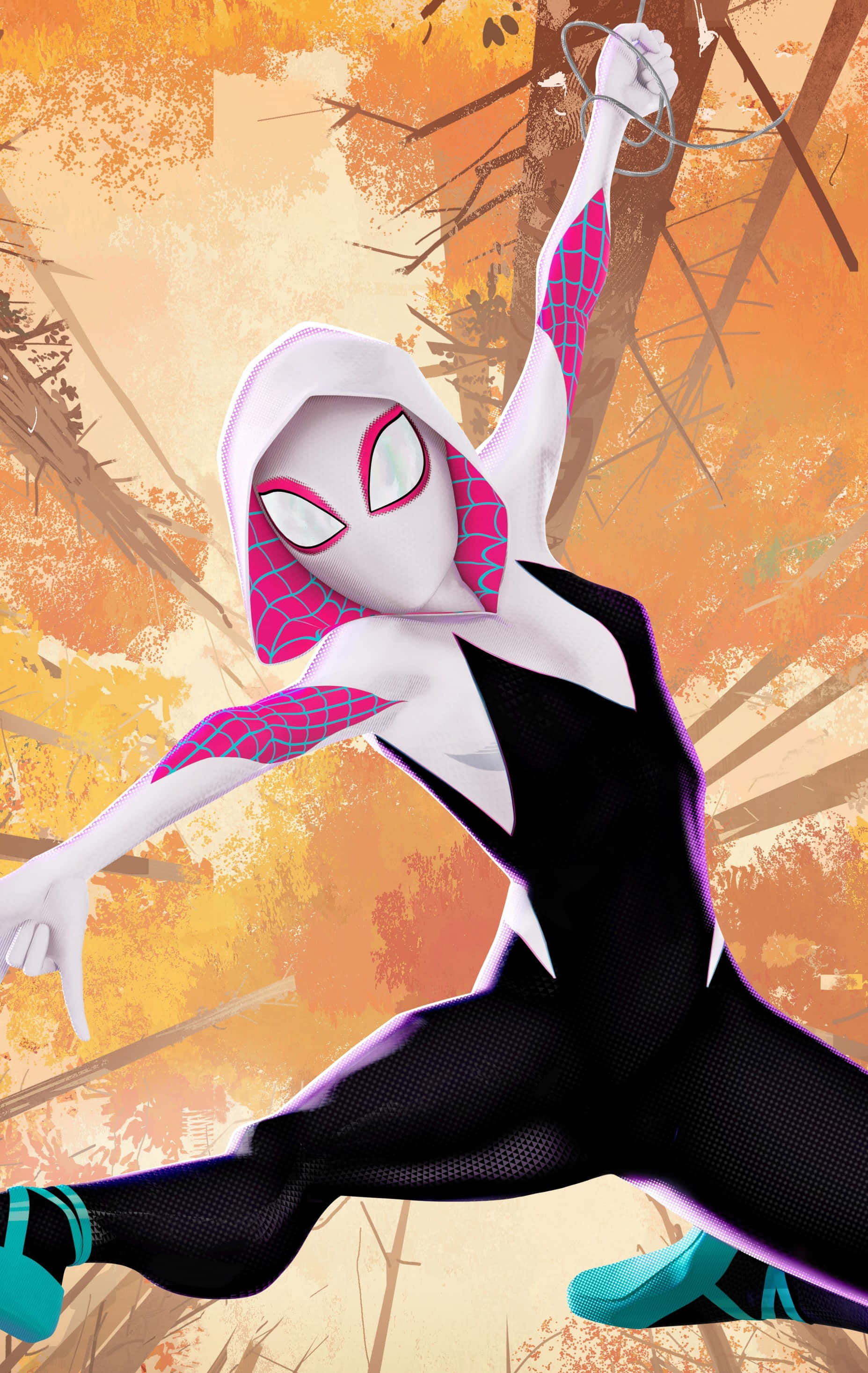 Gwen Stacy 桌布 壁紙 — 蜘蛛關在燃燒般的橙色秋林中動態擺盪，蜘蛛絲在她身後拖曳。