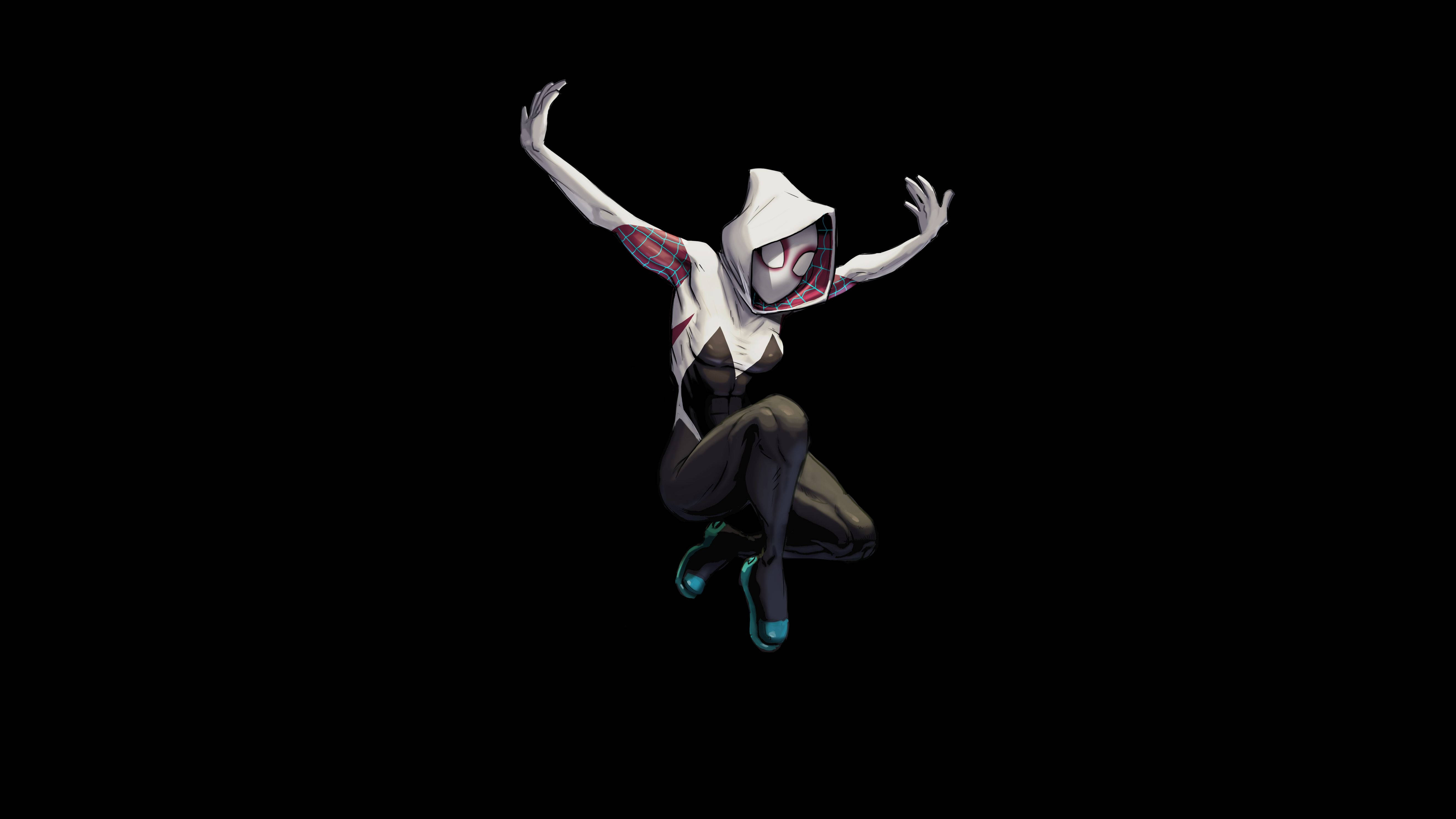 Spider Gwen 桌布 壁紙 — 蜘蛛關羽穿著白色和紅色的戰衣，在純黑背景下動態跳躍。