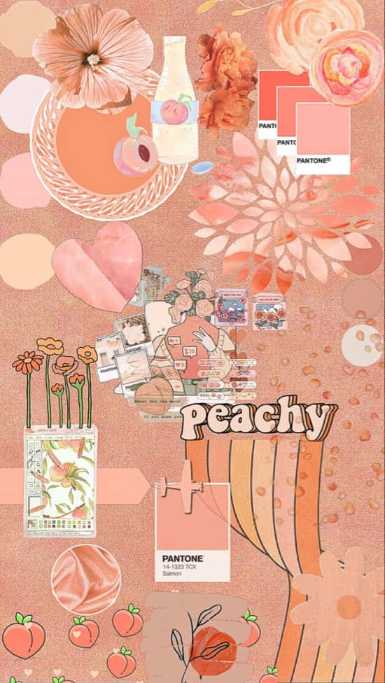 美學 桌布 壁紙 — 蜜桃色調的拼貼畫，包含花朵、瓶子、布料和 Pantone 色票，以夢幻的藝術構圖排列。