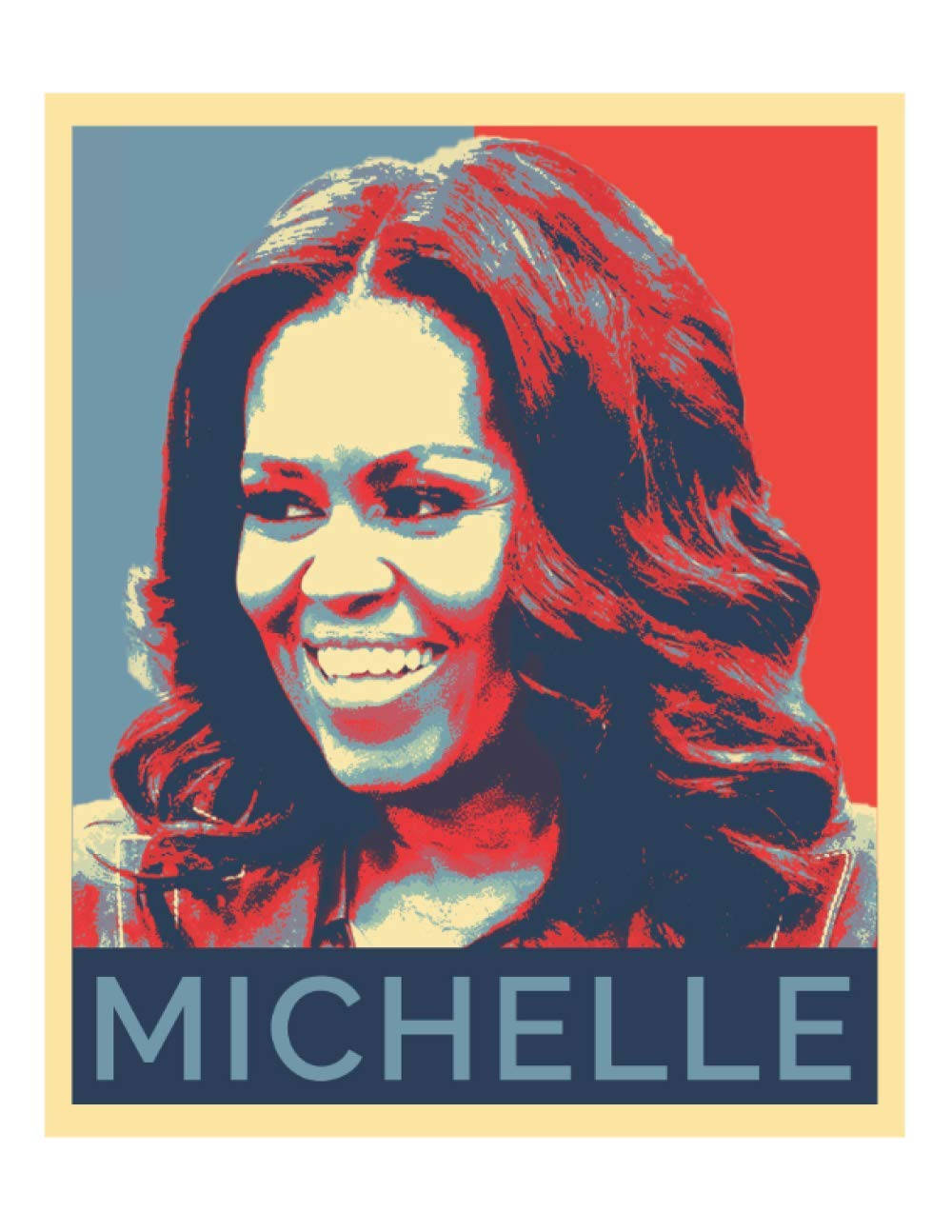 Michelle 桌布 壁紙 — 蜜雪兒·歐巴馬微笑的鮮豔普普藝術肖像，以鮮明的紅色、藍色和奶油色在分割背景上呈現。