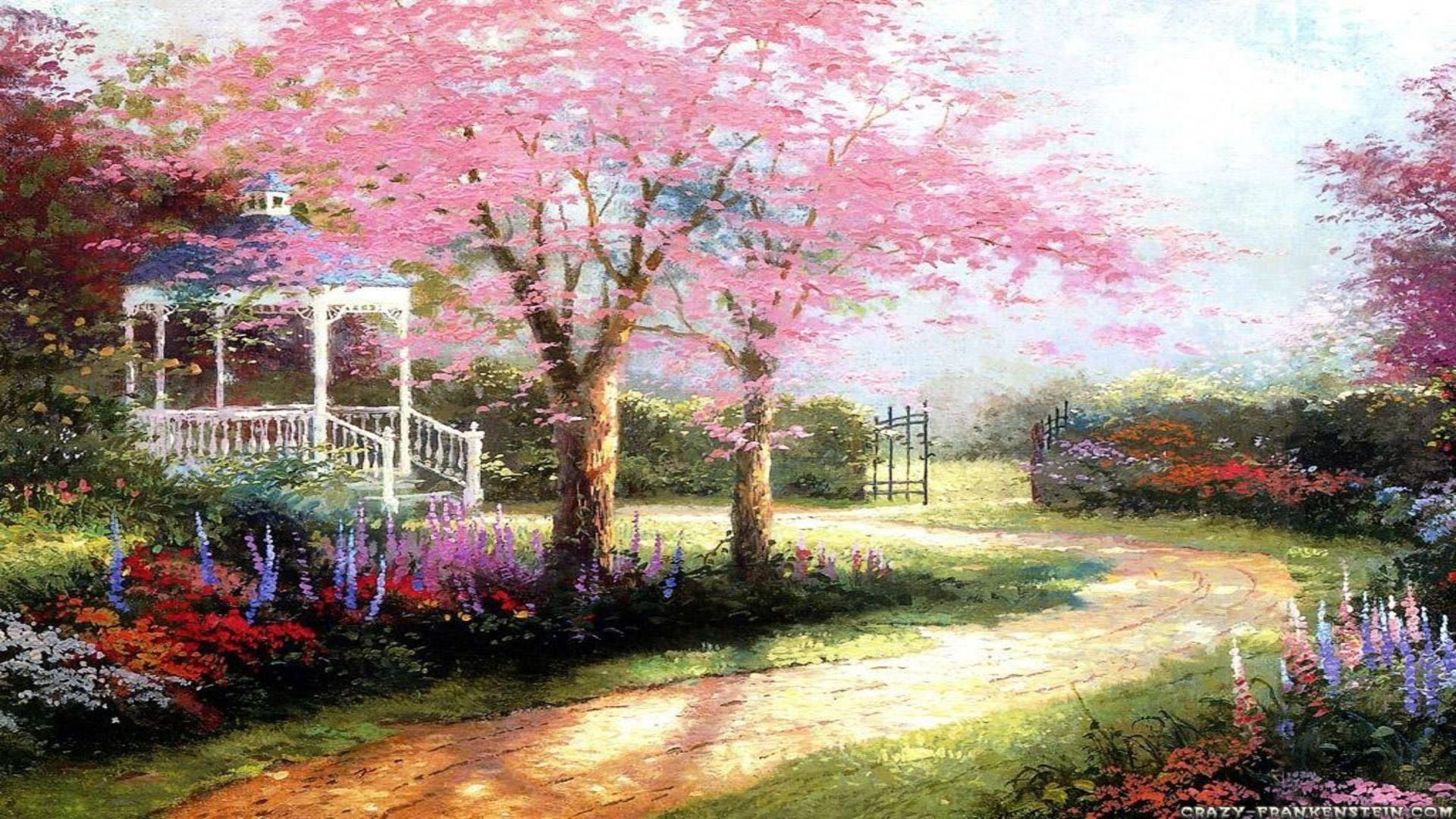 春季桌面壁紙 桌布 壁紙 — 蜿蜒小徑通往一個白色涼亭，坐落在盛開的粉紅色櫻花樹下，在充滿活力的春季花園中。