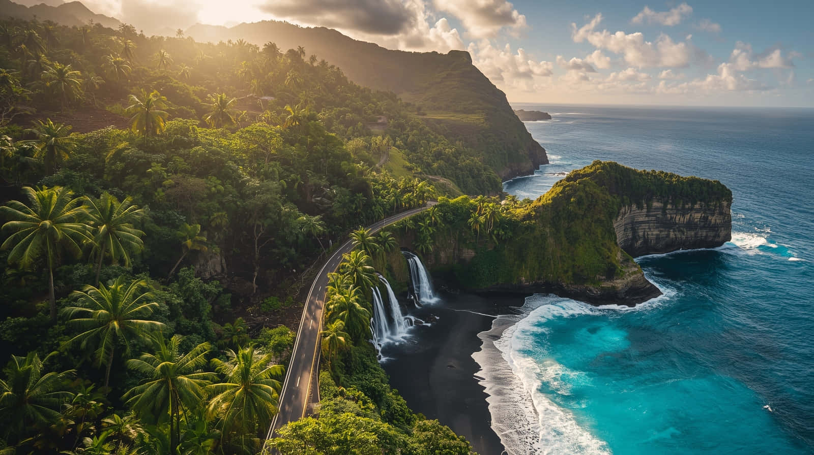 Beautiful Coastal Highway and Hidden Black Sand Beach Wallpaper 壁紙 — 蜿蜒的海岸公路擁抱著鬱鬱蔥蔥的綠色懸崖，俯瞰著碧綠的海水和黑沙海灘，還有層疊的瀑布。
