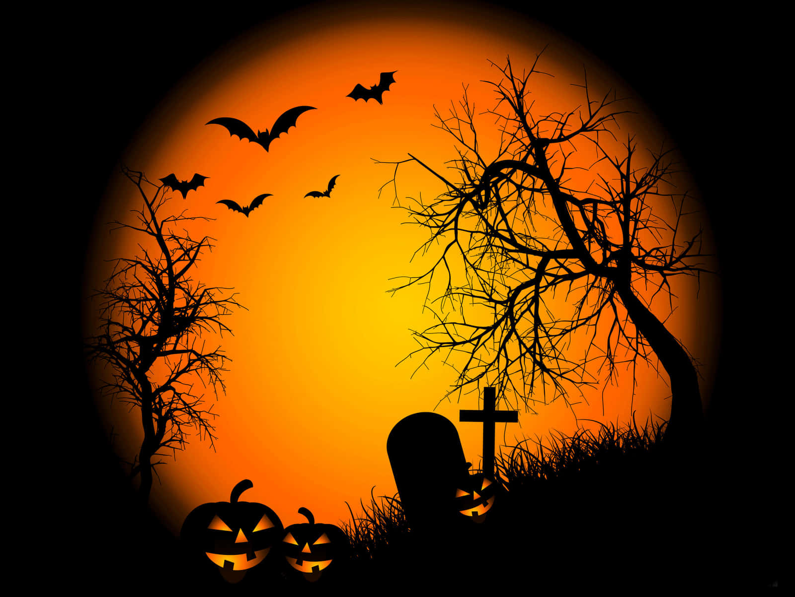 Halloween Profile 桌布 壁紙 — 蝙蝠、樹木、墓碑和南瓜燈籠的剪影，映襯著發光的橙色滿月，營造出詭異的萬聖節夜晚場景。