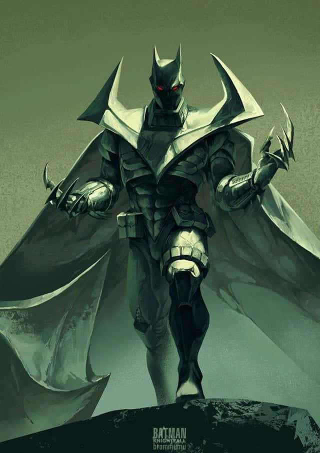 Batman Knightfall 桌布 壁紙 — 蝙蝠俠 Knightfall 在黑暗單色調色板中，帶著發光的紅色眼睛，威風凜凜地站在岩石露頭上。