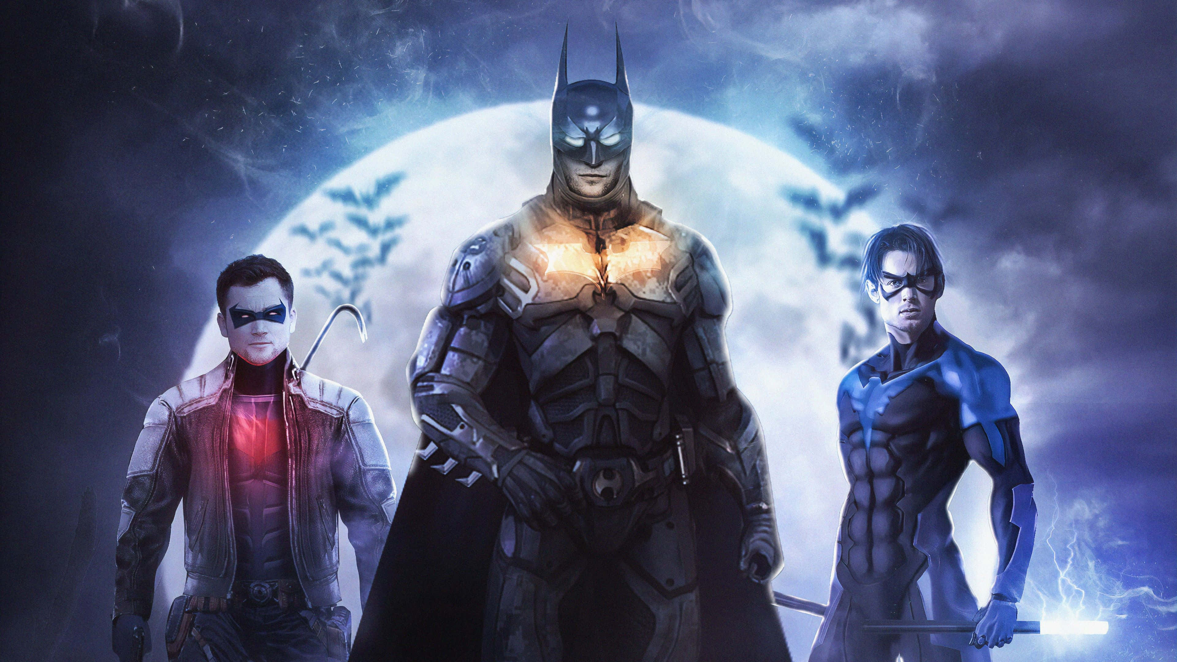 Bat-family 桌布 壁紙 — 蝙蝠俠 夜翼和紅頭罩在黑暗暴風雨的天空下，英勇地站在發光的滿月下。