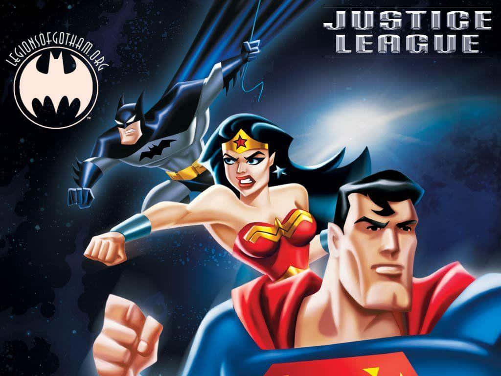Justice League Unlimited 桌布 壁紙 — 蝙蝠俠、神力女超人和超人在宇宙背景下動態翱翔的正義聯盟動畫海報。