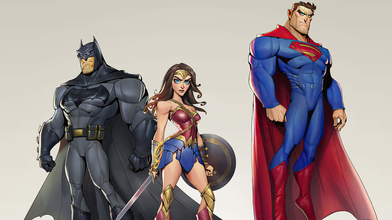 Justice League Unlimited 桌布 壁紙 — 蝙蝠俠、神力女超人和超人英雄地站在乾淨的工作室風格插圖中，線條大膽，色彩鮮豔。
