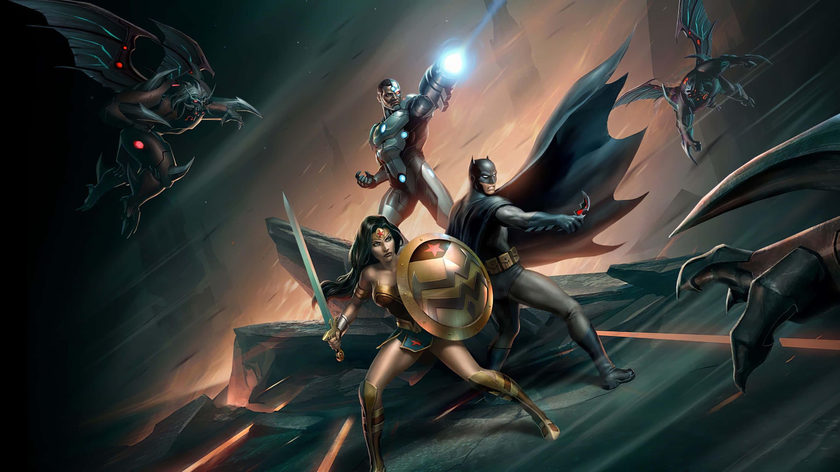 Dark War 桌布 壁紙 — 蝙蝠俠、神力女超人和鋼骨在日落時分的岩石懸崖上與黑暗有翼生物戰鬥。
