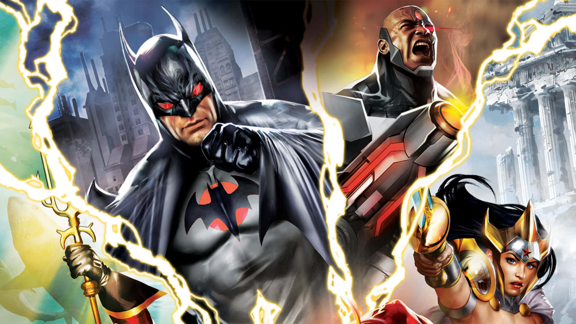 Justice League The Flashpoint Paradox 桌布 壁紙 — 蝙蝠俠、神力女超人和鋼骨在破碎的城市背景下，英勇地站在劈啪作響的閃電中。