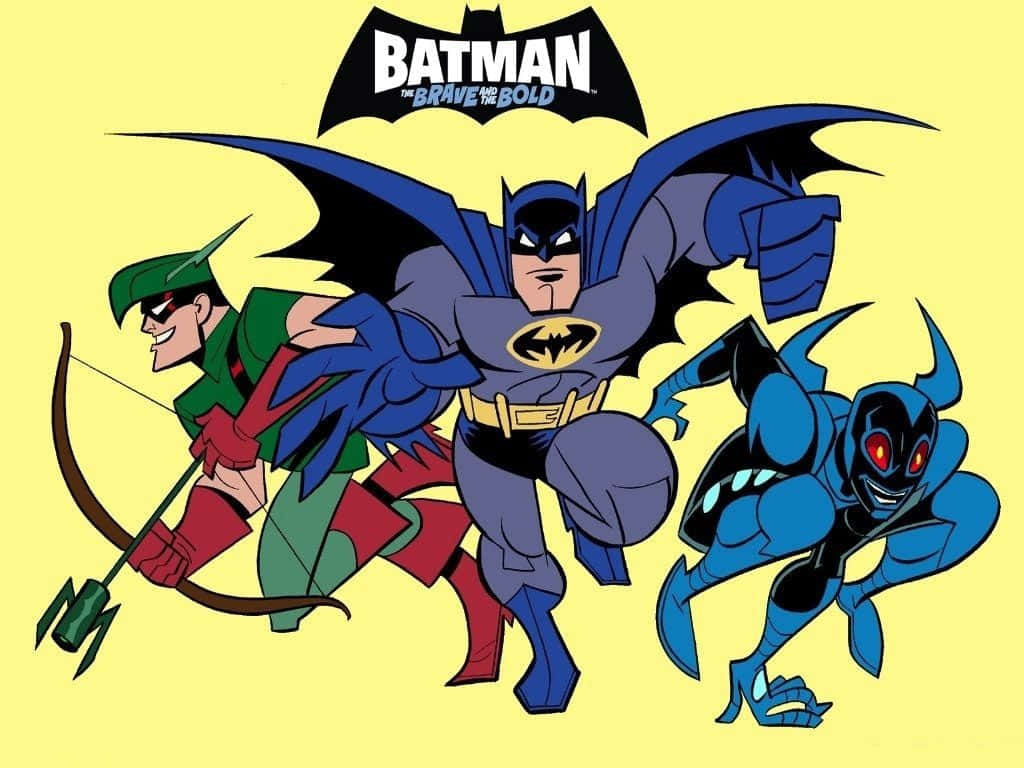 Batman Cartoon 桌布 壁紙 — 蝙蝠俠、綠箭俠和夜翼在明亮的黃色背景前以經典動畫風格動態擺姿勢。