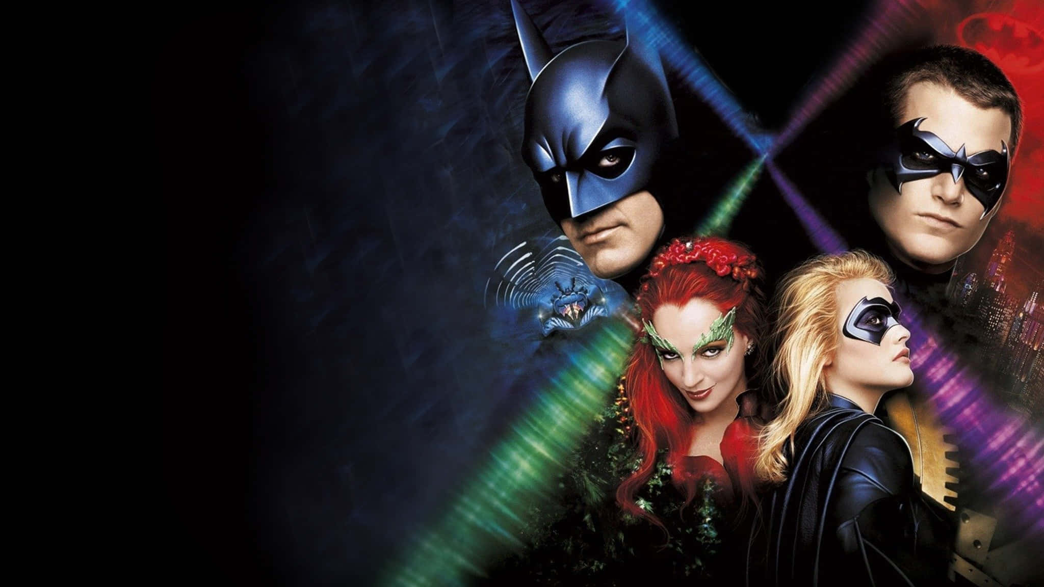 Batman And Robin 桌布 壁紙 — 蝙蝠俠、羅賓和毒藤女站在黑暗的城市景觀前，背景有發光的霓虹光束和蝙蝠標誌。