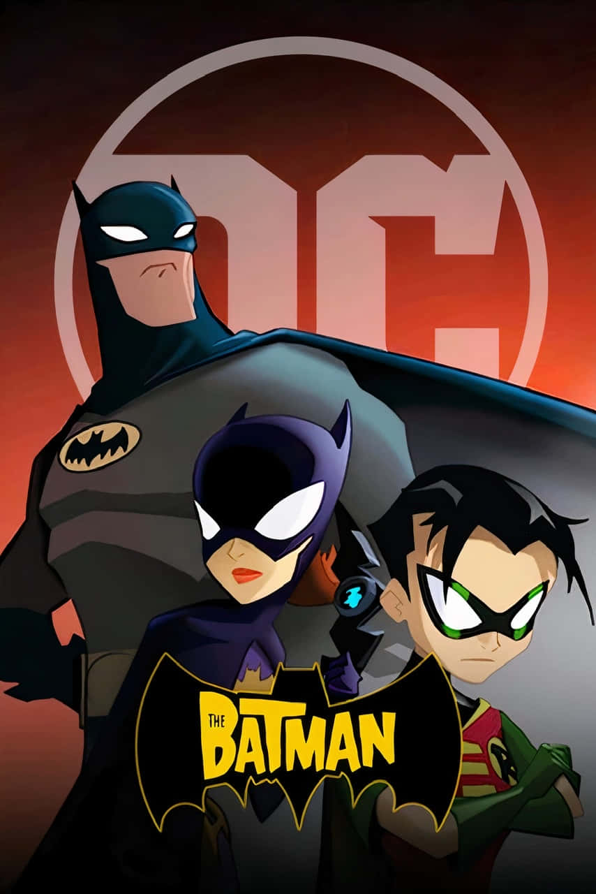 Batman Animated Adventures 桌布 壁紙 — 蝙蝠俠、蝙蝠女和羅賓英雄般地站在發光的DC標誌前，背景是火紅色的。