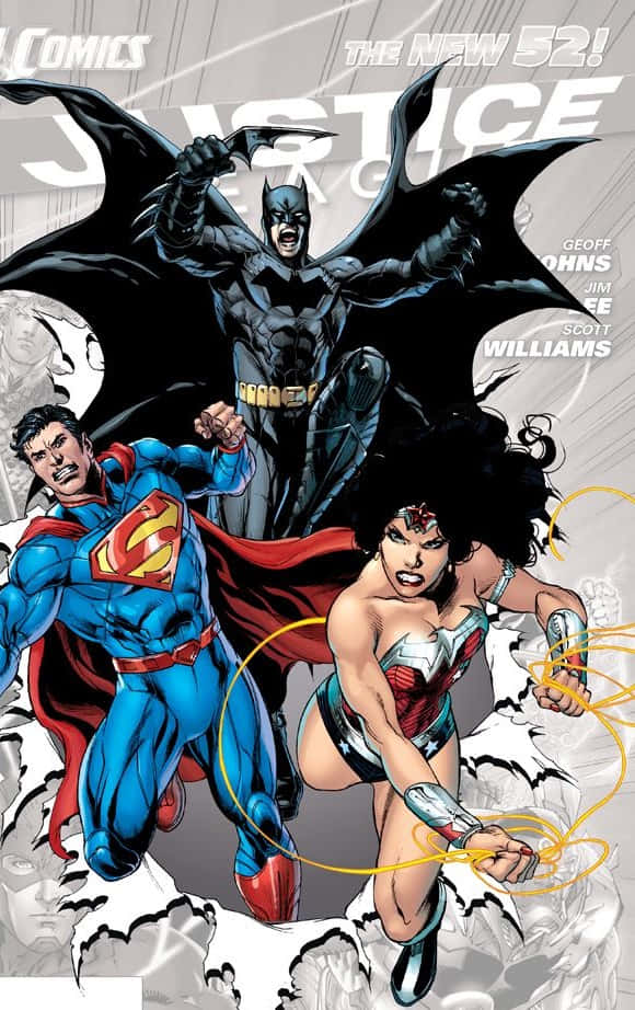 Batman The New 52 桌布 壁紙 — 蝙蝠俠、超人和神力女超人以粗線條和戲劇性陰影的英雄漫畫藝術動態擺姿勢。