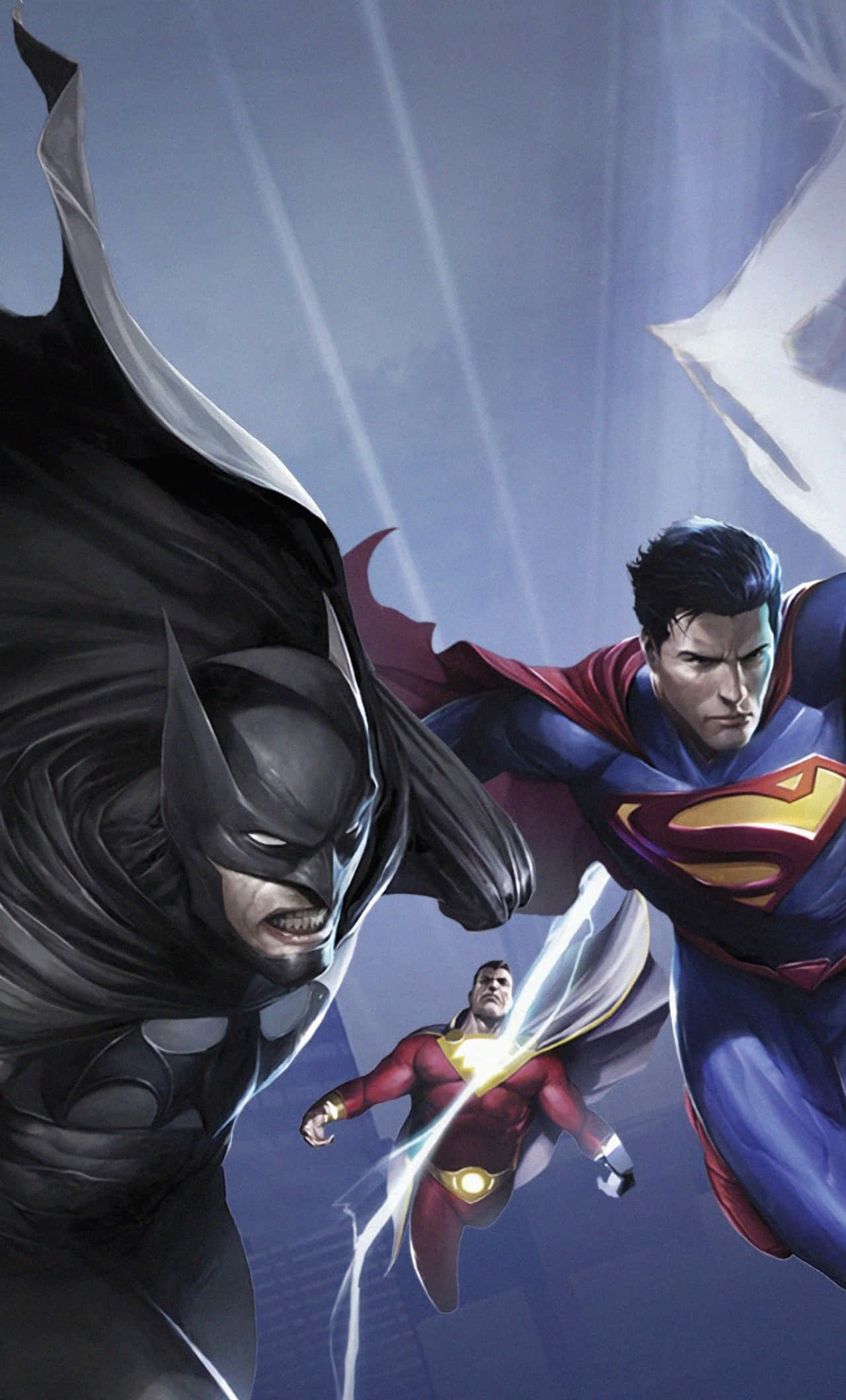 Justice League War 桌布 壁紙 — 蝙蝠俠、超人與閃電俠在戲劇性的藍天下，伴隨劃過的光效動感翱翔。