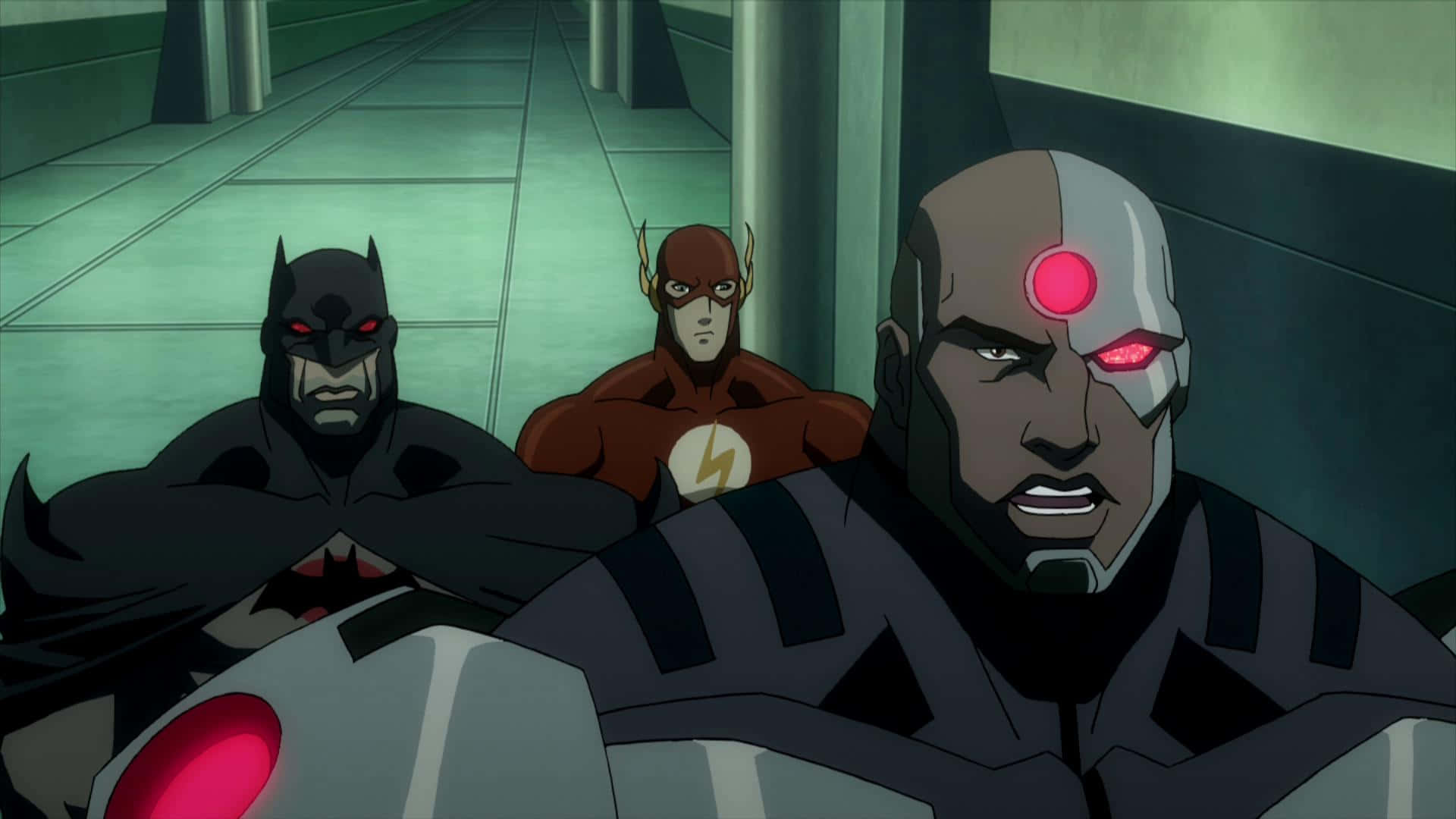 Justice League The Flashpoint Paradox 桌布 壁紙 — 蝙蝠俠、閃電俠和鋼骨站在燈光昏暗的走廊中，眼睛發出紅光，表情嚴肅。