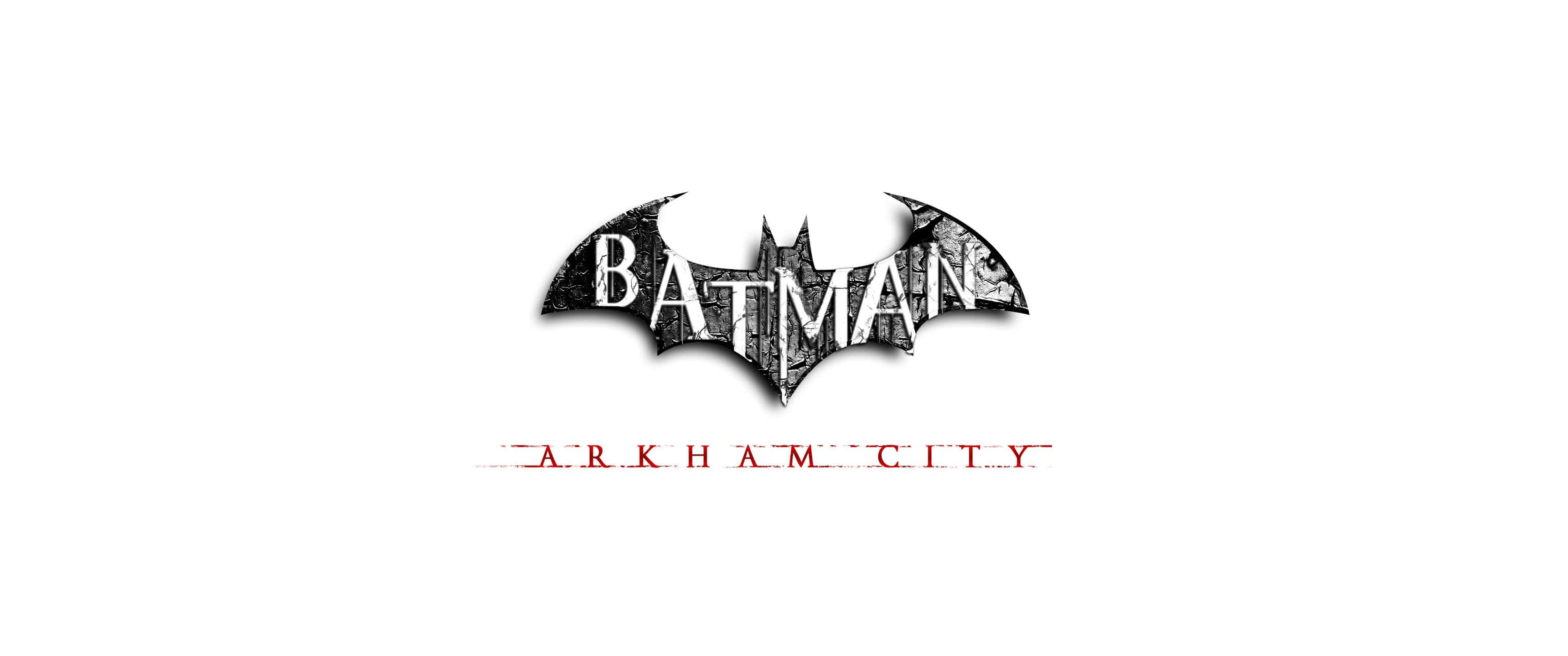 3440x1440p Batman Arkham City 桌布 壁紙 — 蝙蝠俠：阿卡漢城市標誌，以粗糙的黑色和紅色文字呈現於純白背景上。